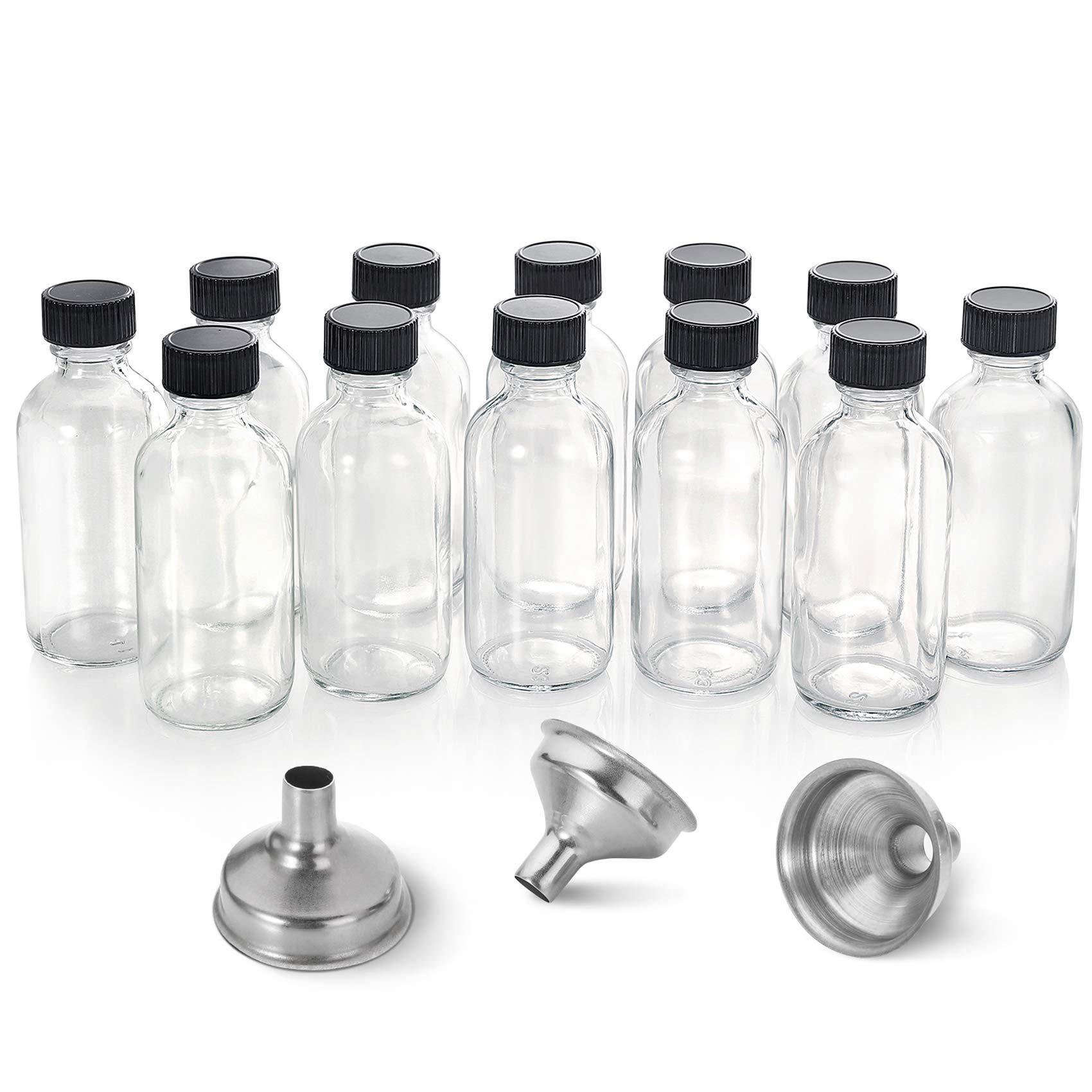 AOZITA 12 Pack, 2 oz Small Clear Glass Bottles w/Lid & 3 Funnels - 60ml Boston Shot Bottles for Health, Immunity, Potion, Wellness, Sample, Ginger, Juice - Mini Personal Care & Beauty Travel Bottle