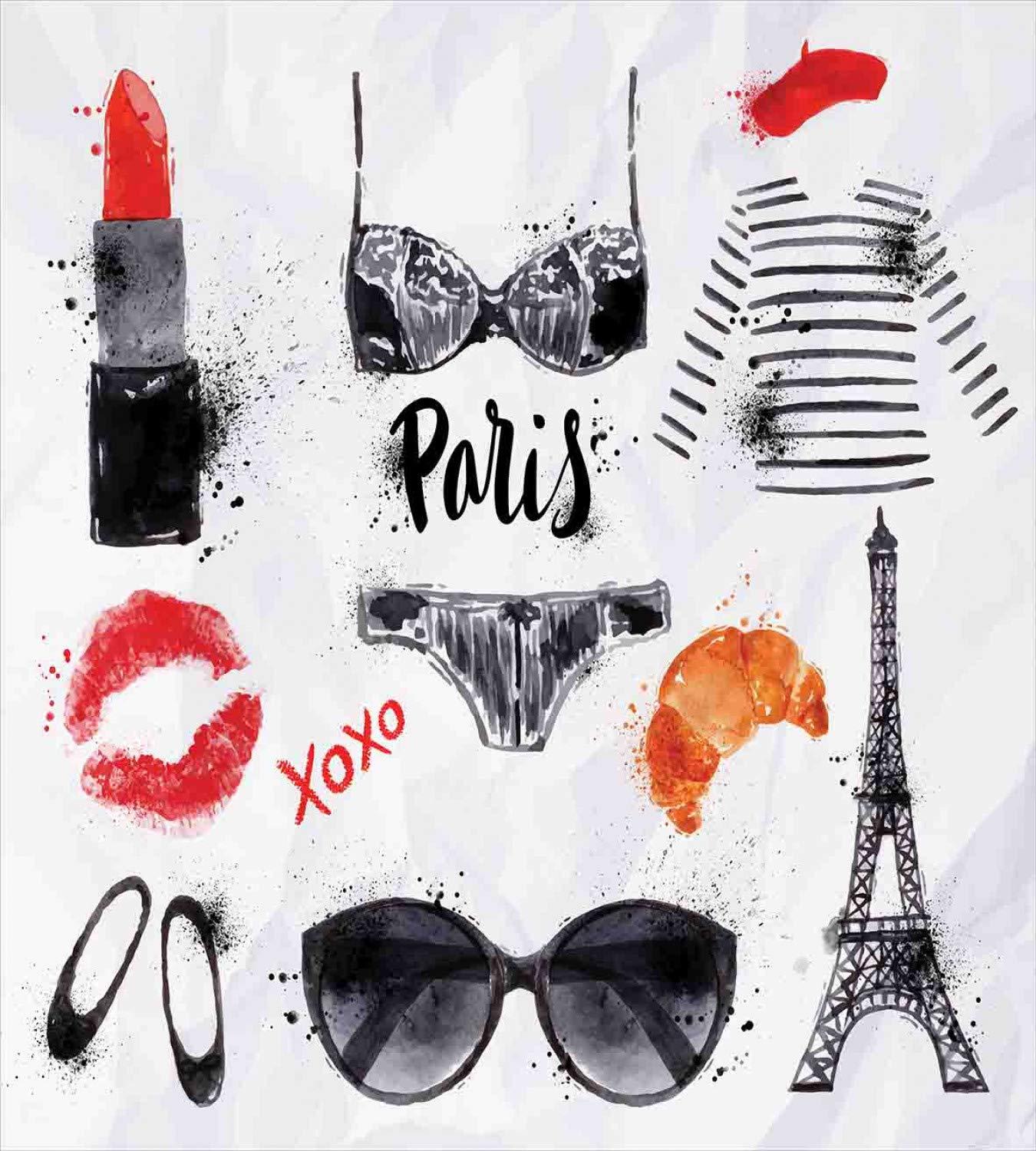Lunarable Paris Duvet Cover Set, Eiffel Tower Glasses Lipstick Shoes Lingerie Accessories, Decorative 3 Piece Bedding Set with 2 Pillow Shams, California King, Vermilion Pale Grey - Image 3