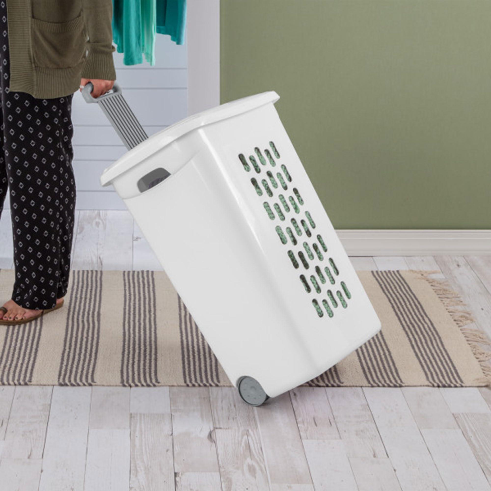 Sterilite 3-Pack Laundry Hamper with Lid and Wheels, Rolling Clothes Basket, Ultra, White - Image 6