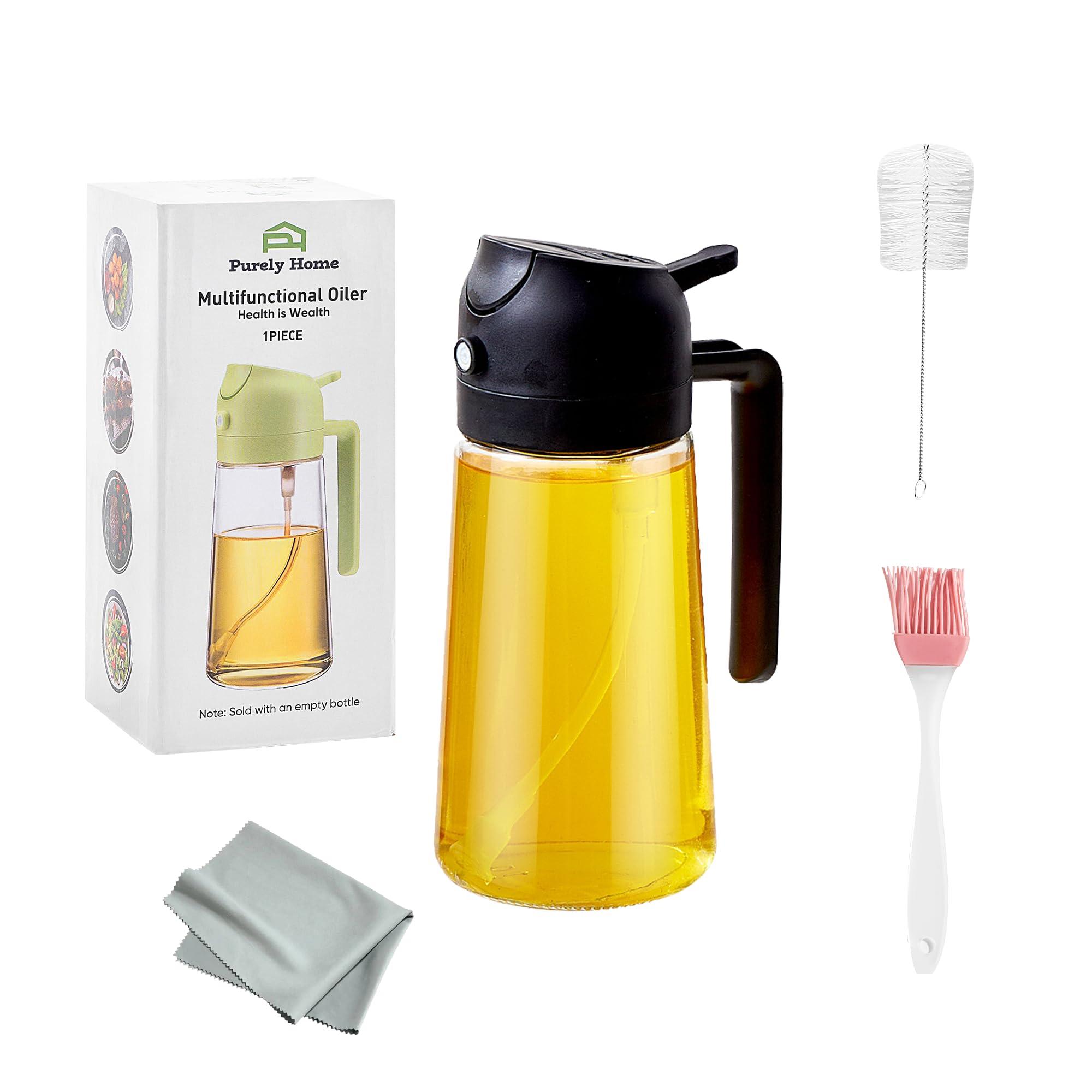 2-in-1 Olive Oil Dispenser and Oil Sprayer for Cooking | 470ml Glass Oil Bottle for Cooking, Frying, Salad and BBQ | Premium Bottle Sprayer for Air Fryer | Kitchen Gadgets with Cleaning Brush