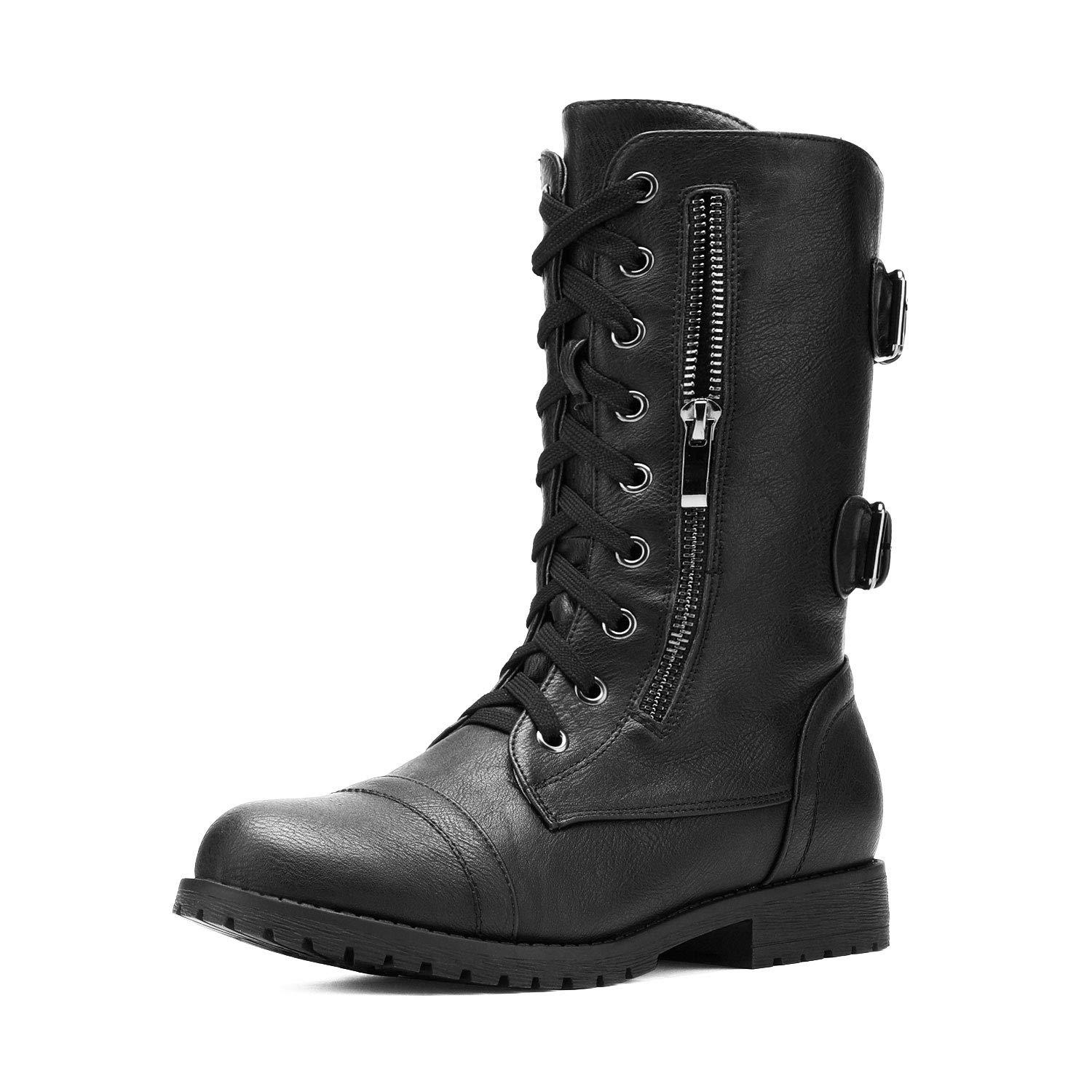 DREAM PAIRS Women's Mid Calf Built-in Wallet Pocket Lace up Military Combat Boots