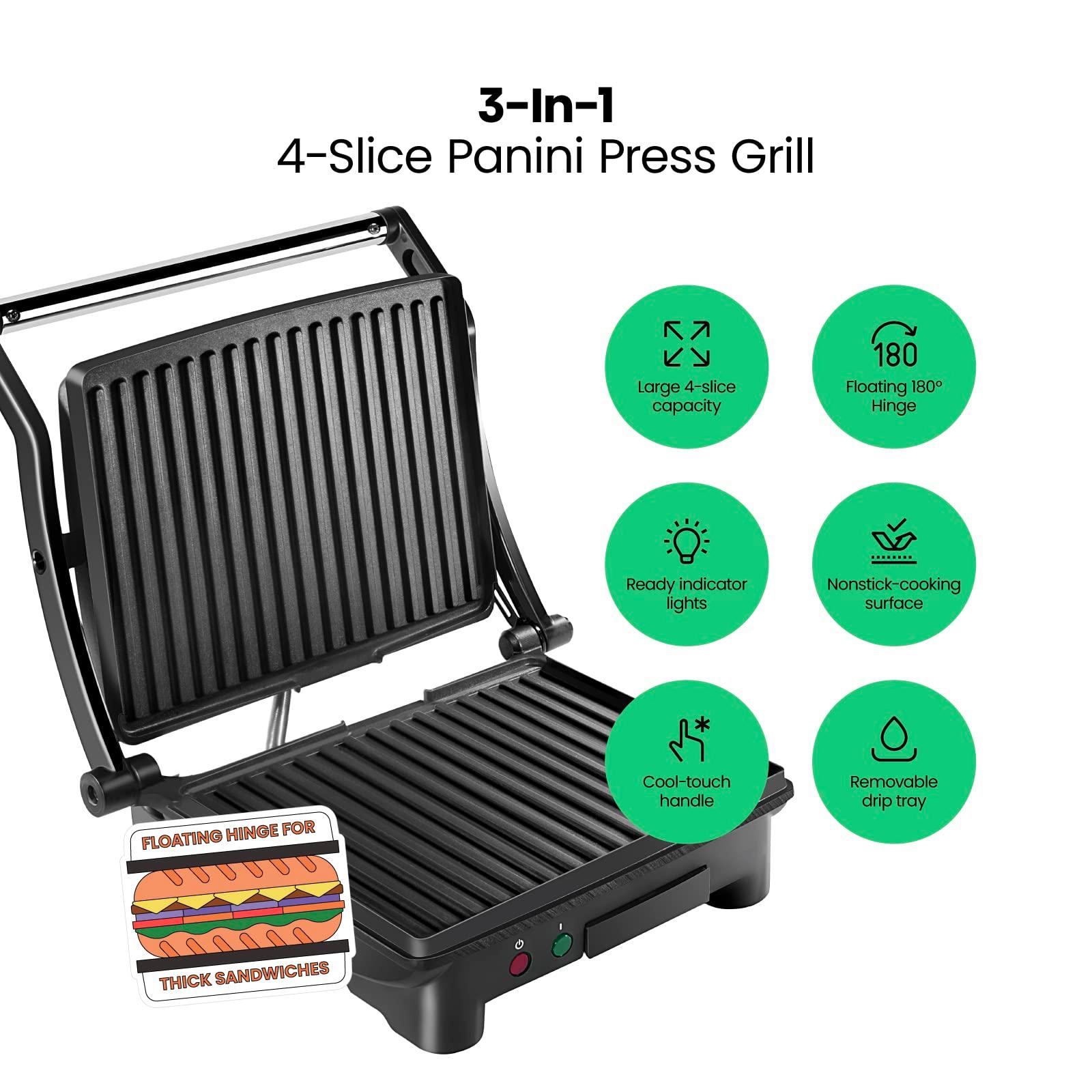 Chefman Panini Press Grill and Gourmet Sandwich Maker Non-Stick Coated Plates, Opens 180 Degrees to Fit Any Type or Size of Food, Stainless Steel Surface and Removable Drip Tray, 4 Slice, Black - Image 4
