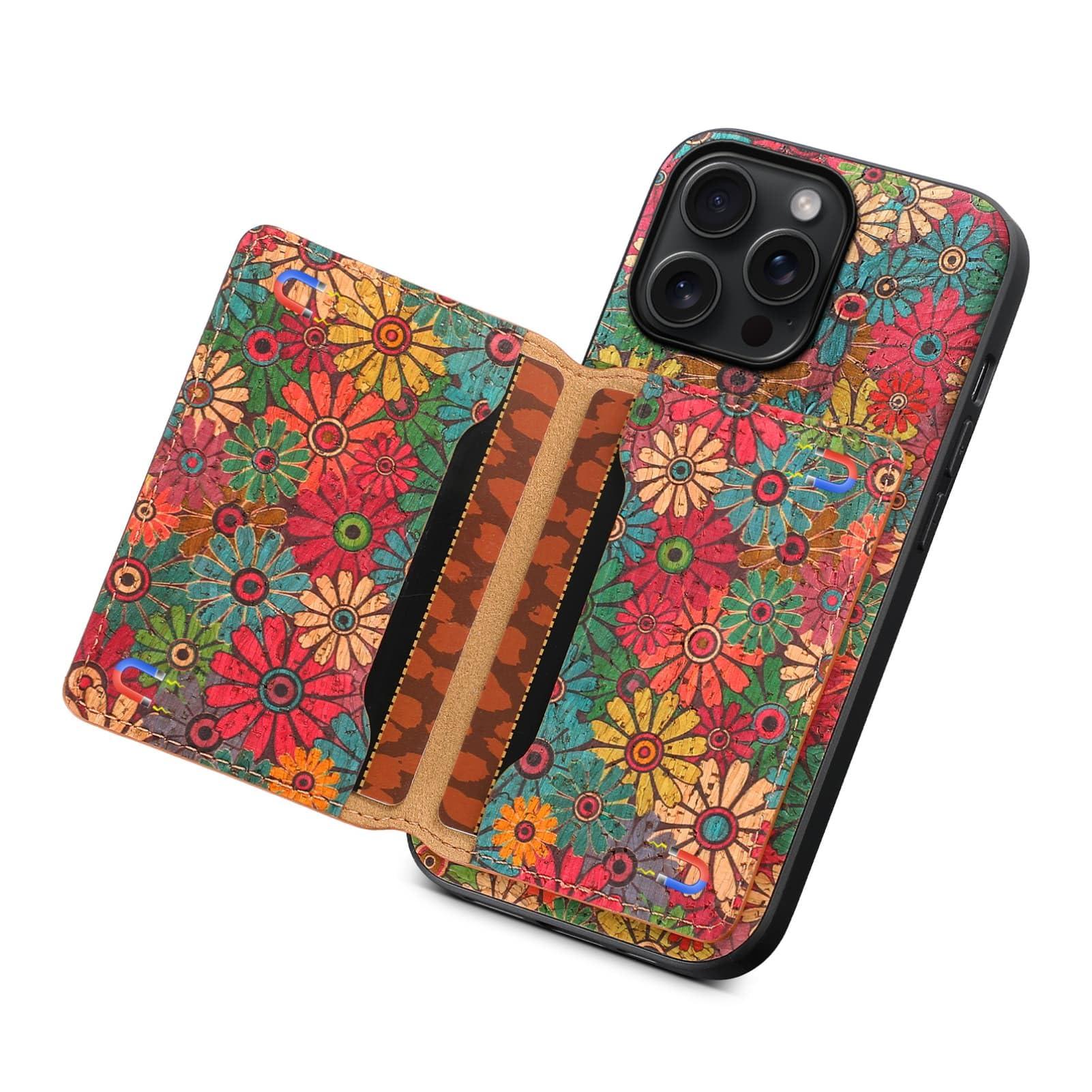 GuluGuru for iPhone 16ProMax Cork Wood Phone Case, Retro Floral Colorful Flower Printing Magnetic Folio Flip ID/Credit Card Holder Slot Back Cover Bag, Kickstand Support - Image 4