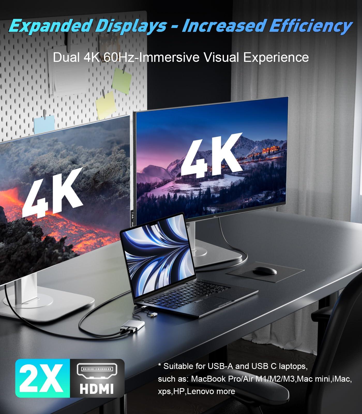 UANTIN USB C to HDMI Adapter for Mac M1/M2/M3, 4K@60Hz DisplayLink Dual Monitor, Extended Display Adapter for MacBook Air/Pro, Laptop, Driver Required - Image 3