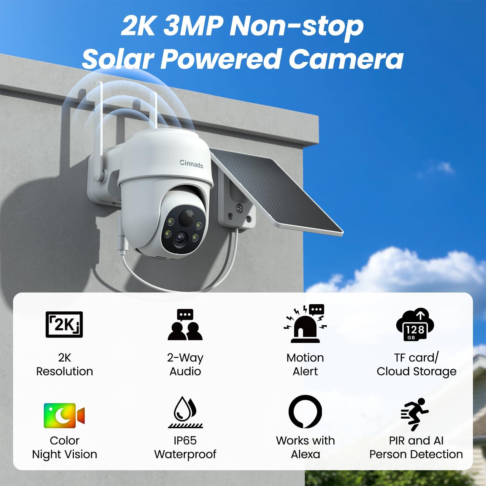 2K Cameras for Home Security-2.4G WiFi Outdoor Camera Wireless Solar/Battery Powered with solar panel, 360° Viewing, AI Human Detection, Color Night Vision, with SD Storage, Works with Alexa(2 Pack) - Image 2