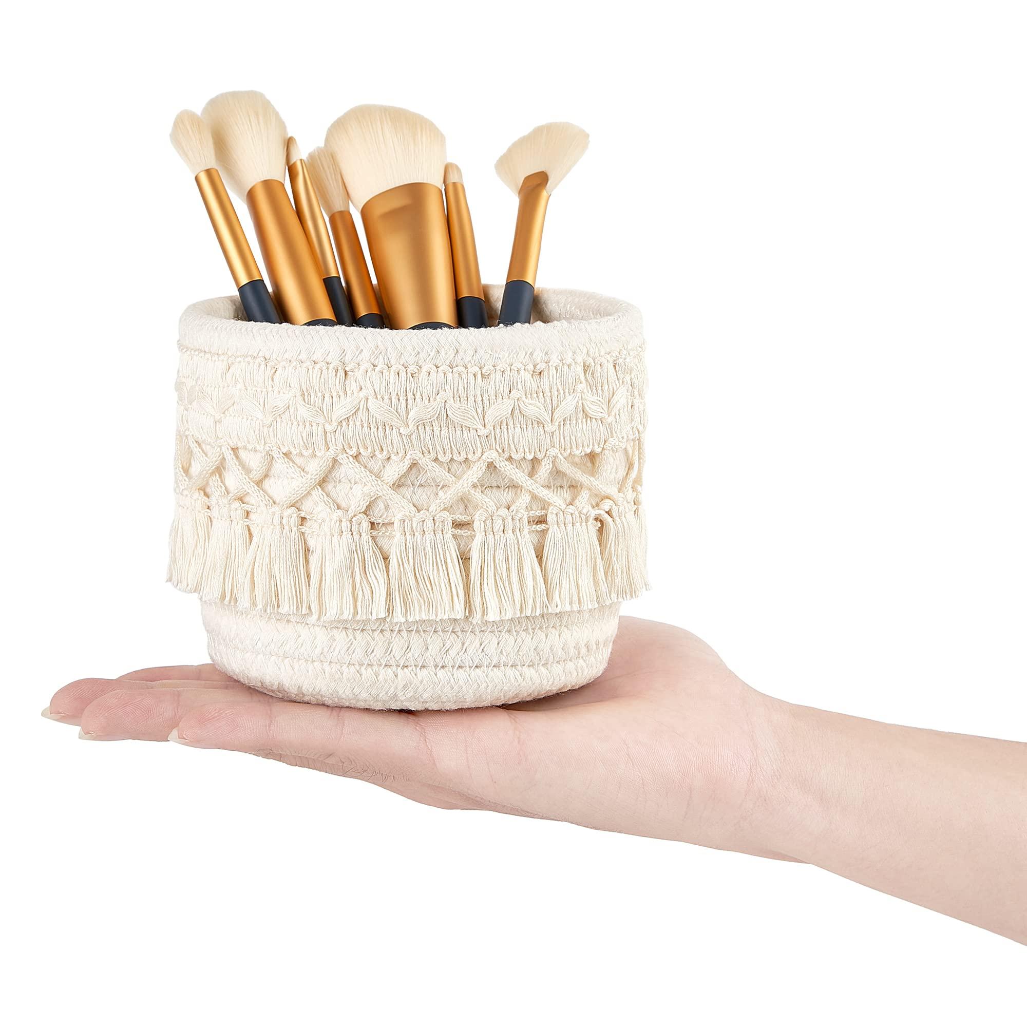 Mkono Macrame Makeup Brush Holder Organizer Comb Brushes Mini Storage Basket Set of 2 Boho Decor Baskets for Pen Pencil Box Container ,Ivory - Image 7