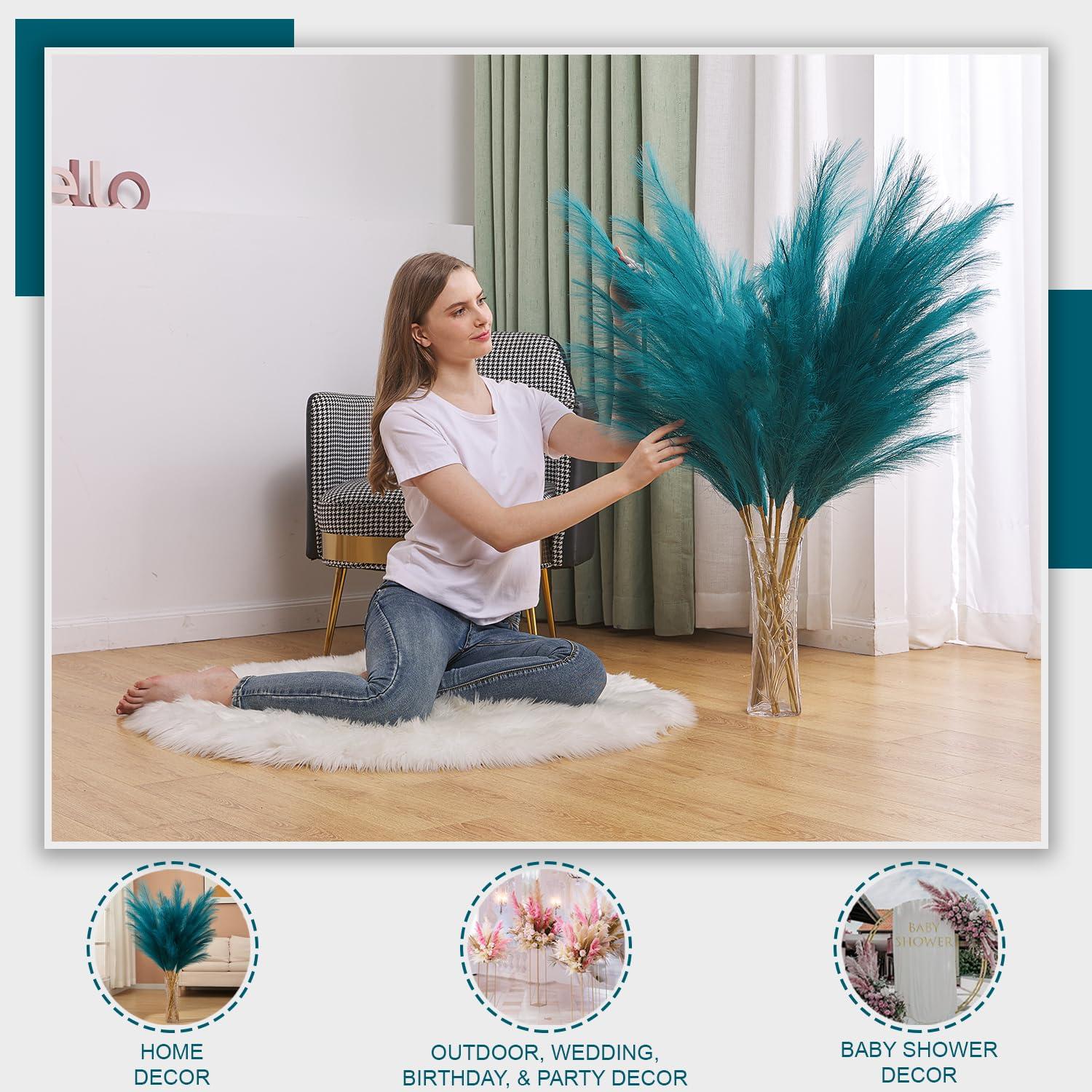 Aurora Prime 7 Pcs Faux Pampas Grass-45 Inches/3.75ft Large Boho Decor Fluffy Artificial Pompas Grass Décor Tall Vase Filler for Home Wedding Decoration (Blue) - Image 3