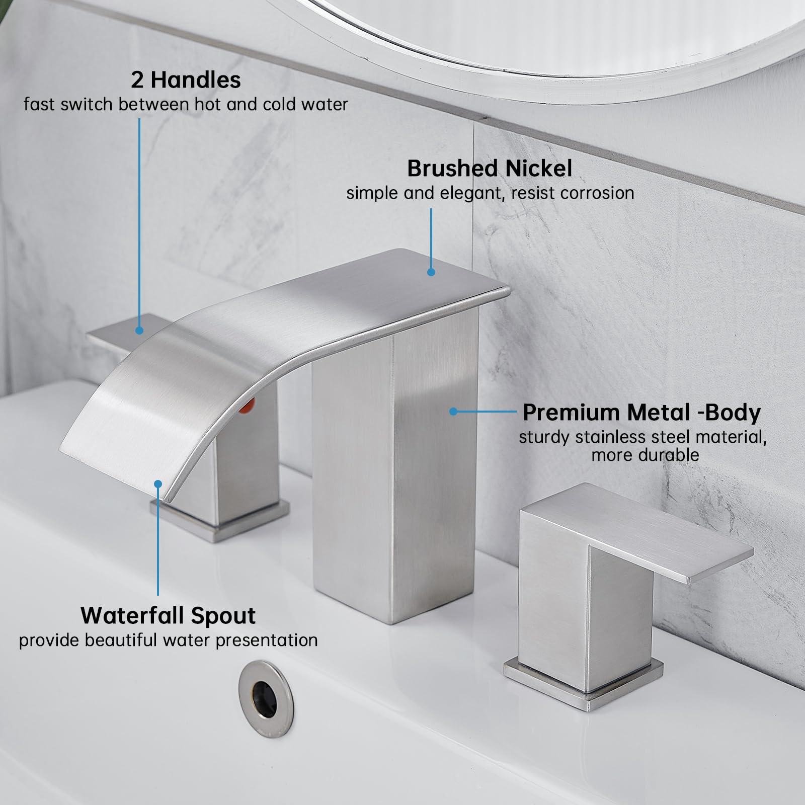 RUMOSE 8 inch Bathroom Faucets Set Brushed Nickel Bathroom Sink Faucet 3 Hole with Pop Up Drain Widespread 2 Handles Stainless Steel Lavatory Vanity Faucet Waterfall Spout Deck Mounted - Image 4
