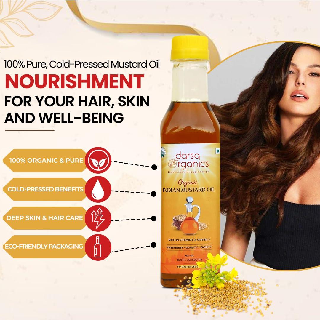 Darsa Organics Cold-Pressed Mustard Oil 16.9 fl oz – USDA Organic, Unrefined & Chemical-Free – Rich in Vitamin E & Omega-3 – Pure Mustard Seed Oil for Hair, Skin & Massage (500ml) - Image 3