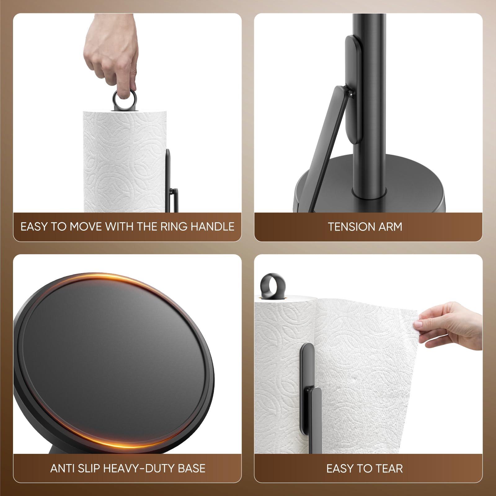 theaoo Heavy-Duty Stainless Steel Paper Towel Holder with Tension Arm – Easy One-Handed Tear, Modern Standing Countertop Dispenser for Kitchen, Holds All Paper Towel Rolls (1, Black) - Image 6