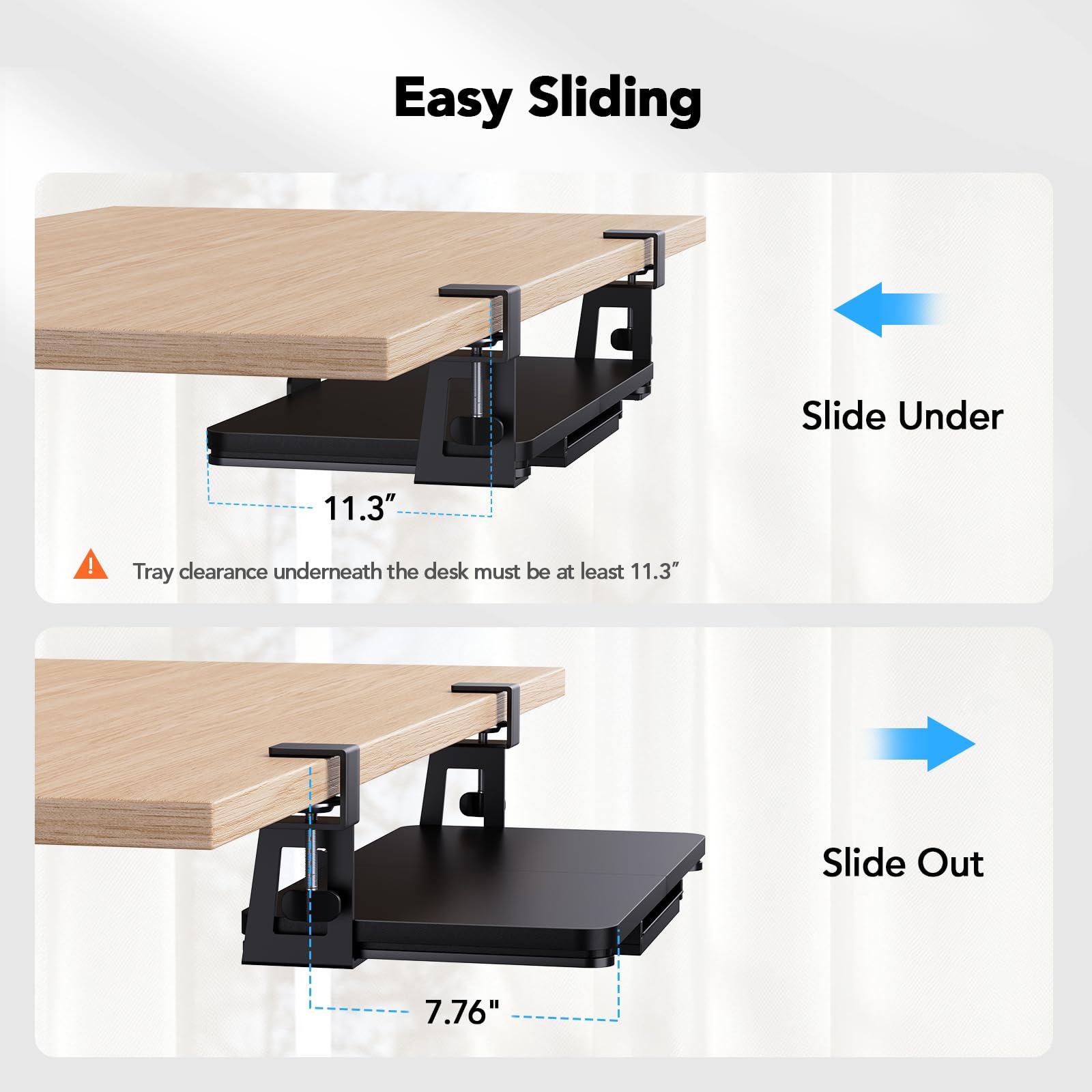 HUANUO Large Under Desk Keyboard Tray with Sturdy C-Clamp Mount, 26 (30.16" Including Clamps) x 12 inch Slide-Out Platform Computer Desk Heavy Duty Keyboard Tray with Storage Drawer for Typing, Black - Image 6