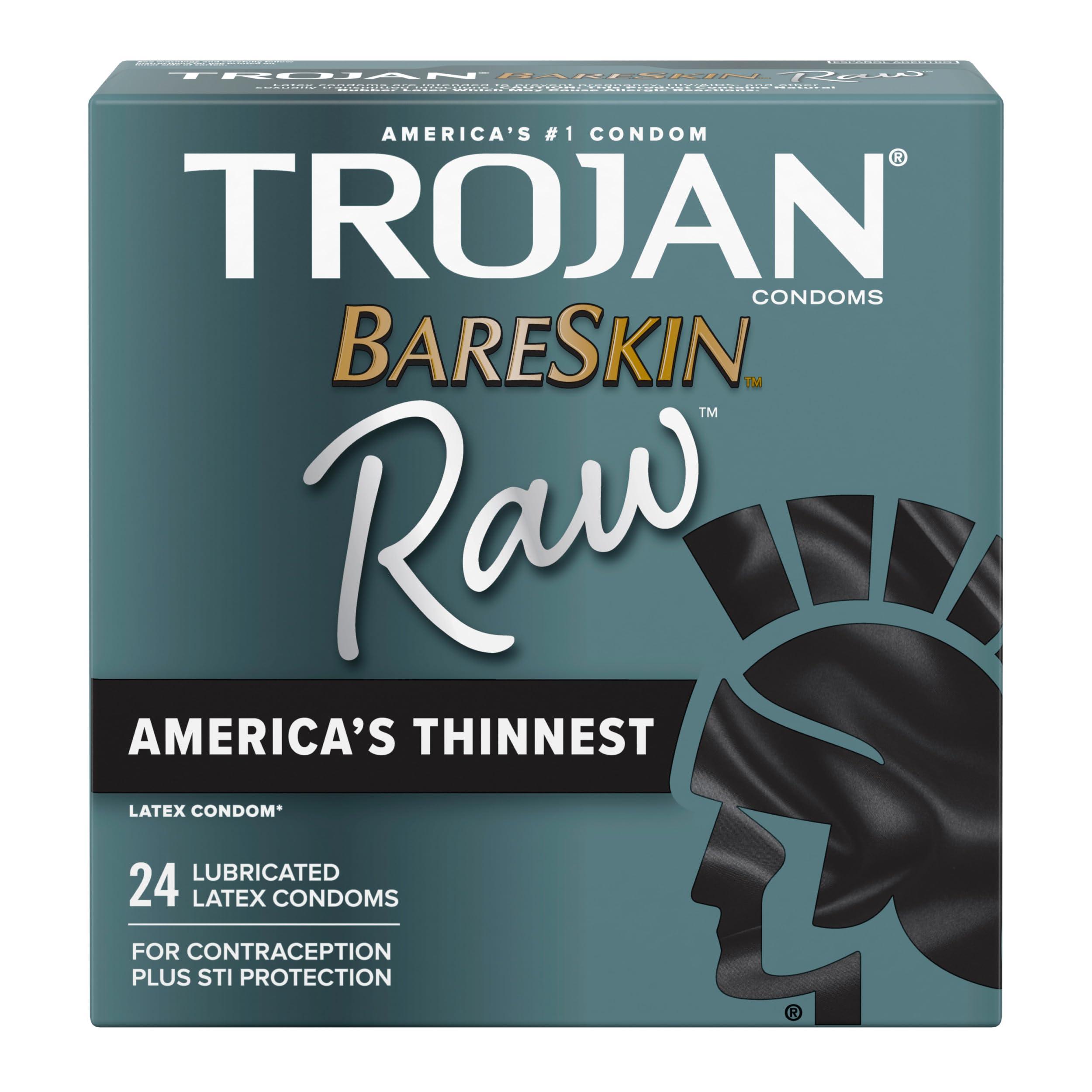 TROJAN BareSkin Raw Ultra Thin Condoms, Lubricated Thin Condoms for Men, America's #1 Condom Brand, 24 Count Pack