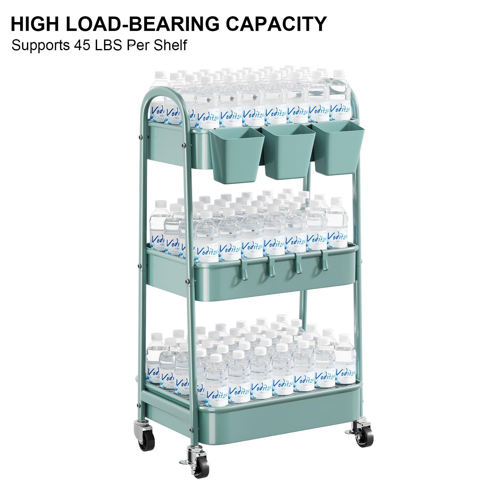 3 Tier Green Metal Rolling Cart with Lockable Wheels and Handle, 3 Tiered Utility Storage Organizer Carts for Teachers, Arts, Craft, Snack, Book, Bedside, Nursery, Cleaning Supplies, Easy Assembly - Image 8