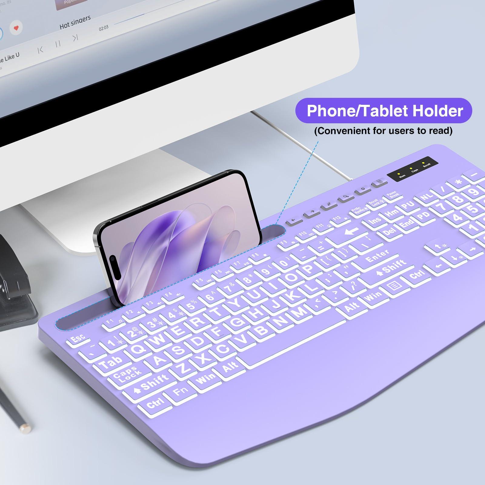SABLUTE Large Print Backlit Computer Keyboards, Wired Lighted USB Keyboards with 7-Color Backlit, Wrist Rest, Phone Holder, Easy to Read and Type for Laptop, PC, Windows, Desktop (Purple) - Image 5