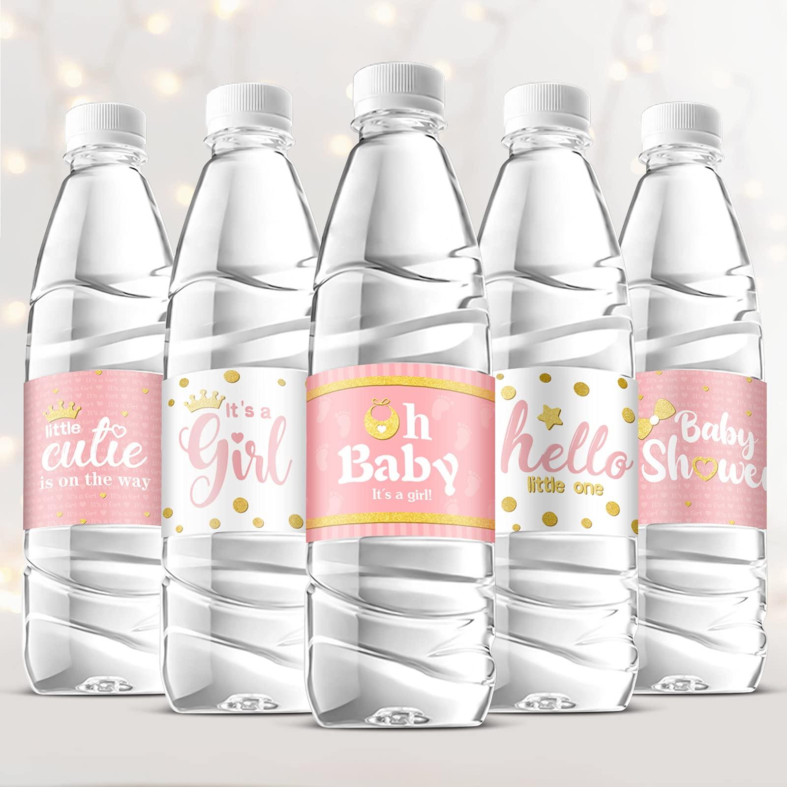 Teling 80 Pieces Baby Shower Water Bottle Labels Waterproof Water Bottle Stickers Wrappers Labels for Baby Shower Party Decoration(Pink Girl Style)