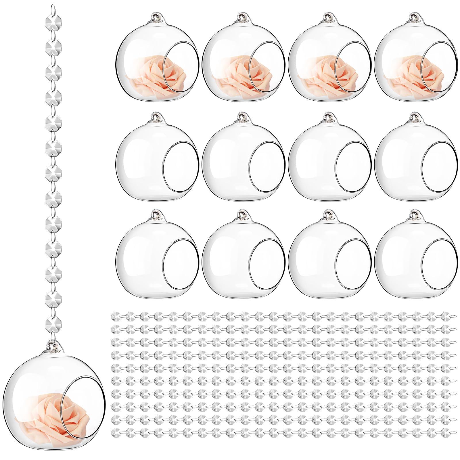 GlikCeil 3.15'' Hanging Glass Tealight Holder Globe and Clear K9 Crystal Garland Strands, Hanging Glass Terrarium Containers for Wedding Party Tree Decoration(56 Pcs)