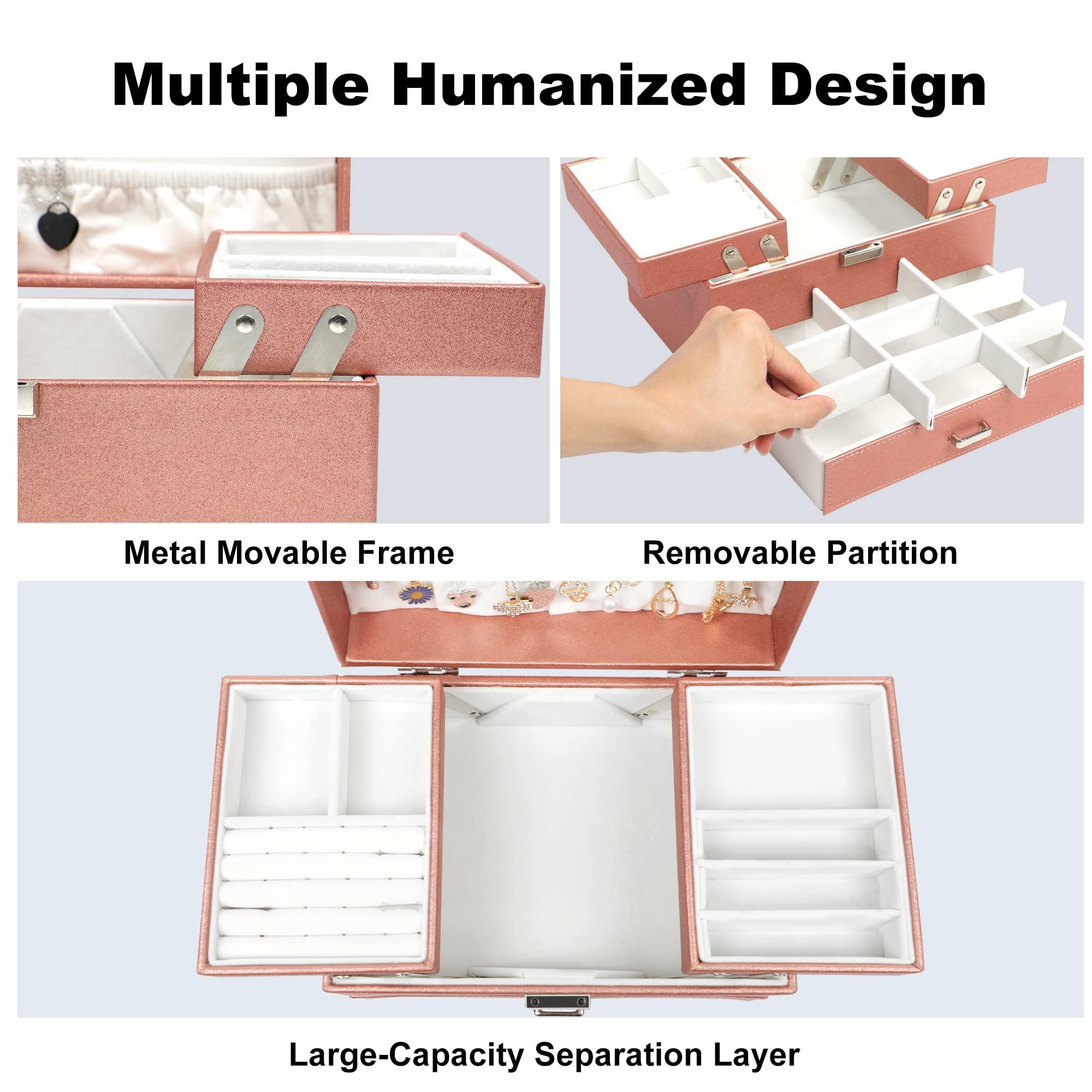 Dajasan Jewelry Organizer Box, Jewelry Box Organizer for Women Girls, 3 Layers Large Jewelry Storage Case for Earring, Rings, Necklaces Bracelets, Watch (Rose Gold) - Image 4