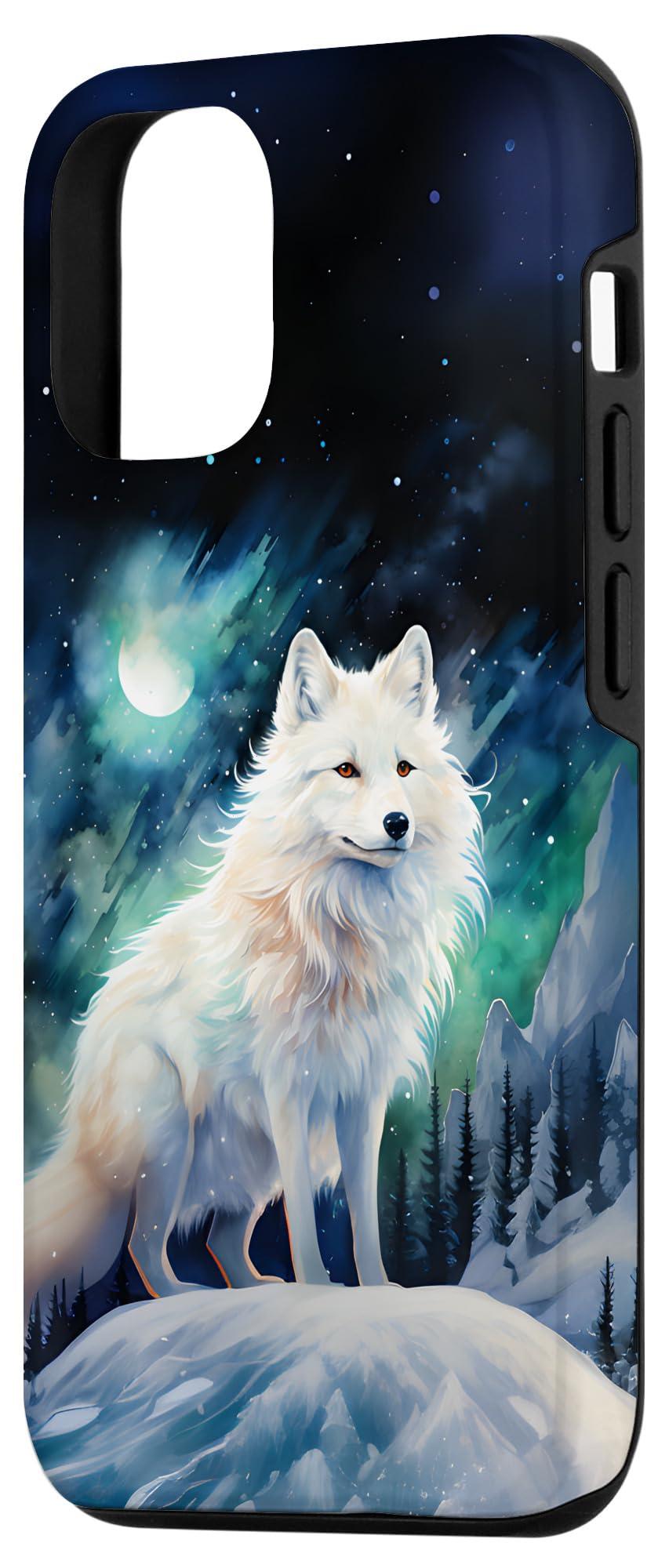 iPhone 15 Arctic Fox Aurora Under a Moon and Starry Sky Watercolor Case - Image 2