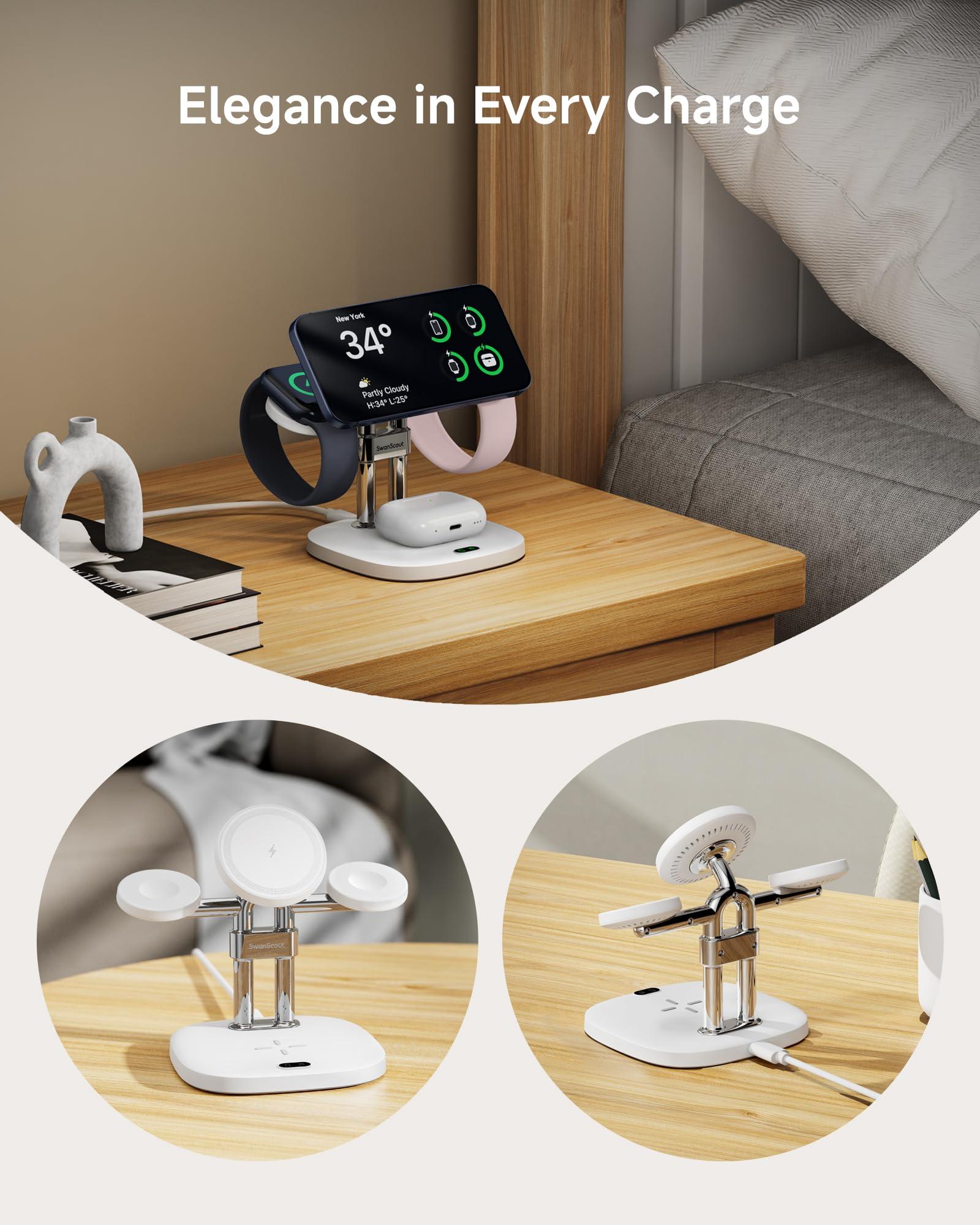 SwanScout Dual Fast Charger for Apple Watch 10/9, Magnetic Wireless Charger Stand for iPhone 16 15 14 13 12, 4 in 1 Charging Station for Apple Watch Series 10 9 8 7 6/SE/Ultra, Airpods, SwanScout 709M - Image 6