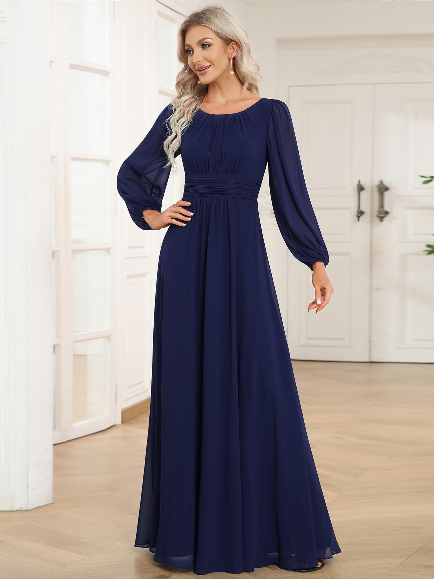 Ever-Pretty Women's Crewneck Long Lantern Sleeves Floor Length A-Line Pleated Chiffon Formal Dress 0106B - Image 4