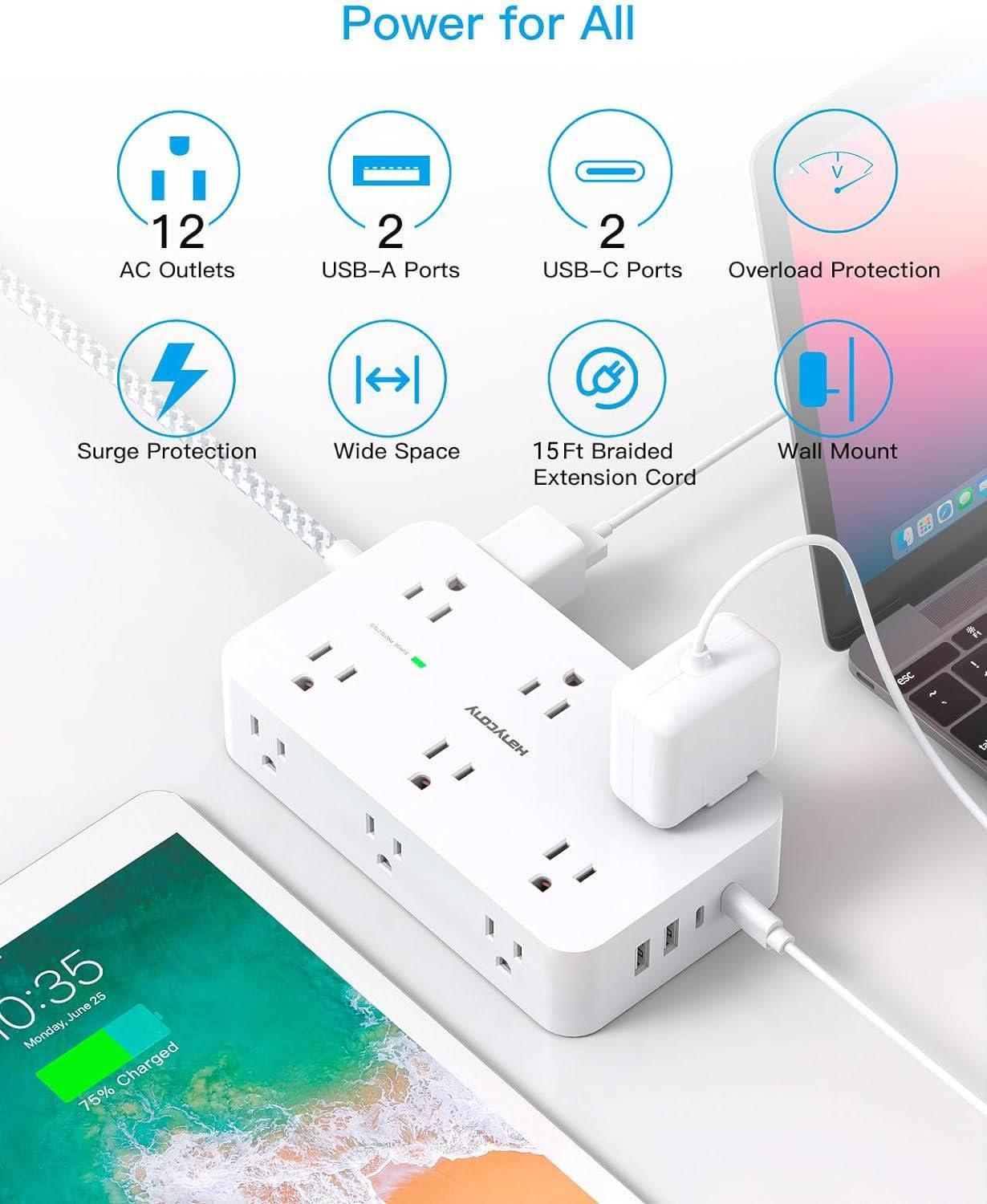 Extension Cord 15 Ft, HANYCONY Power Strip Surge Protector 12 Outlets 4 USB Ports (2 USB C), Large Desk Power Strip with Long Cord, Flat Plug, Wall Mount for Office Home College Dorm Room Essentials - Image 6