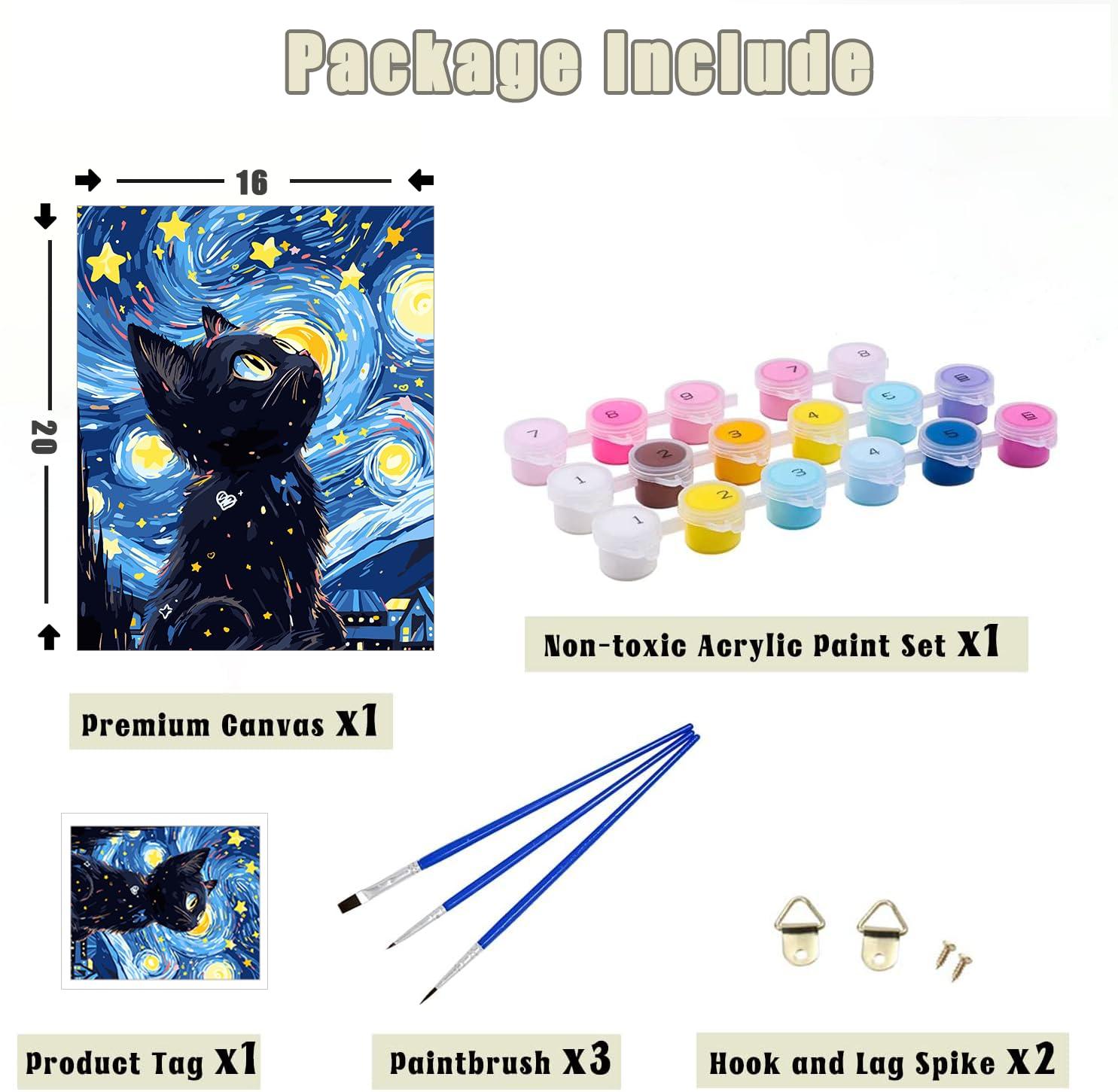 Yunnuo Paint by Numbers for Adults Black Cat, Paint by Numbers Kit on Canvas for Beginners, Starry Night Number Painting Set Craft Supplies, 3 Paintbrushes and Acrylic Paint 16x20 Inch - Image 5