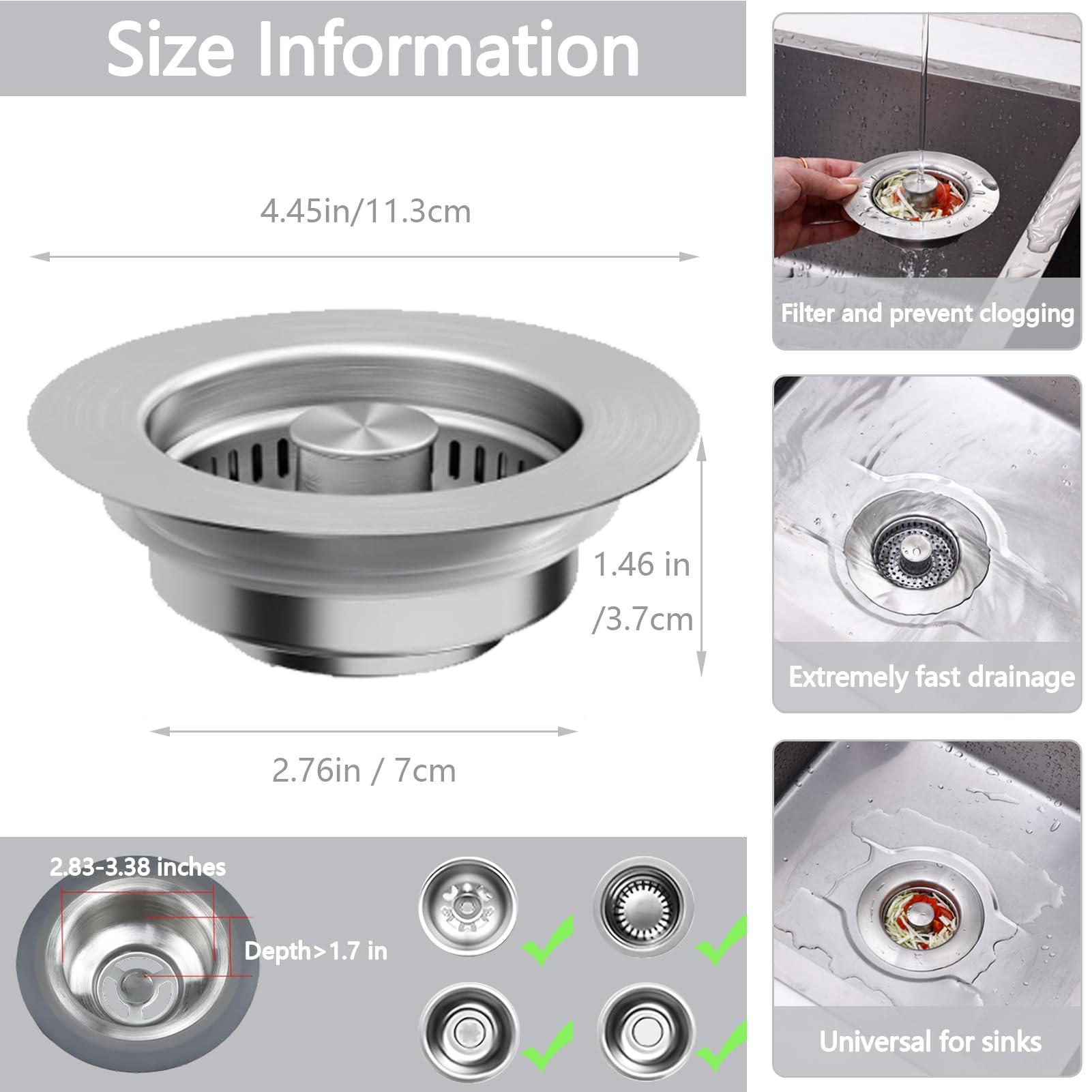 3 in1 Kitchen Sink Drain Strainer, 10,000 Press Test 304 Stainless Steel & Brass Material Pop-up Sink Stopper with Metal Basket Strainer Fast Drain Strainer for US Standard 3-1/2 in Kitchen Drain - Image 2