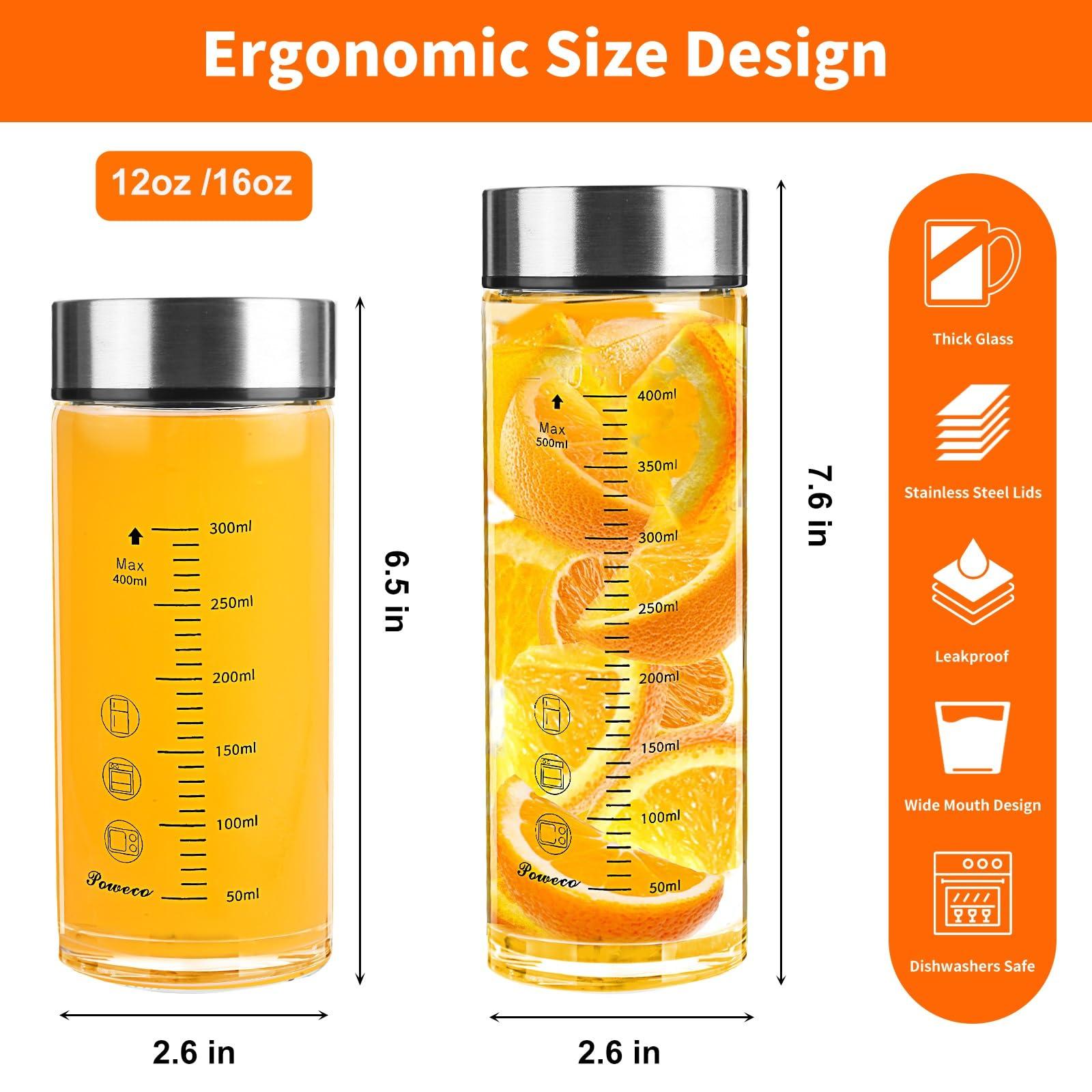 Glass Juice Bottles 4 Pack 16 oz - Wide Mouth Glass Water Bottles with Lids - for Juicing, Protein, Smoothie, Milk, Reusable, BPA Free, Stainless Steel Lids, Blender, Shaker Bottle (16oz/500ml) - Image 2