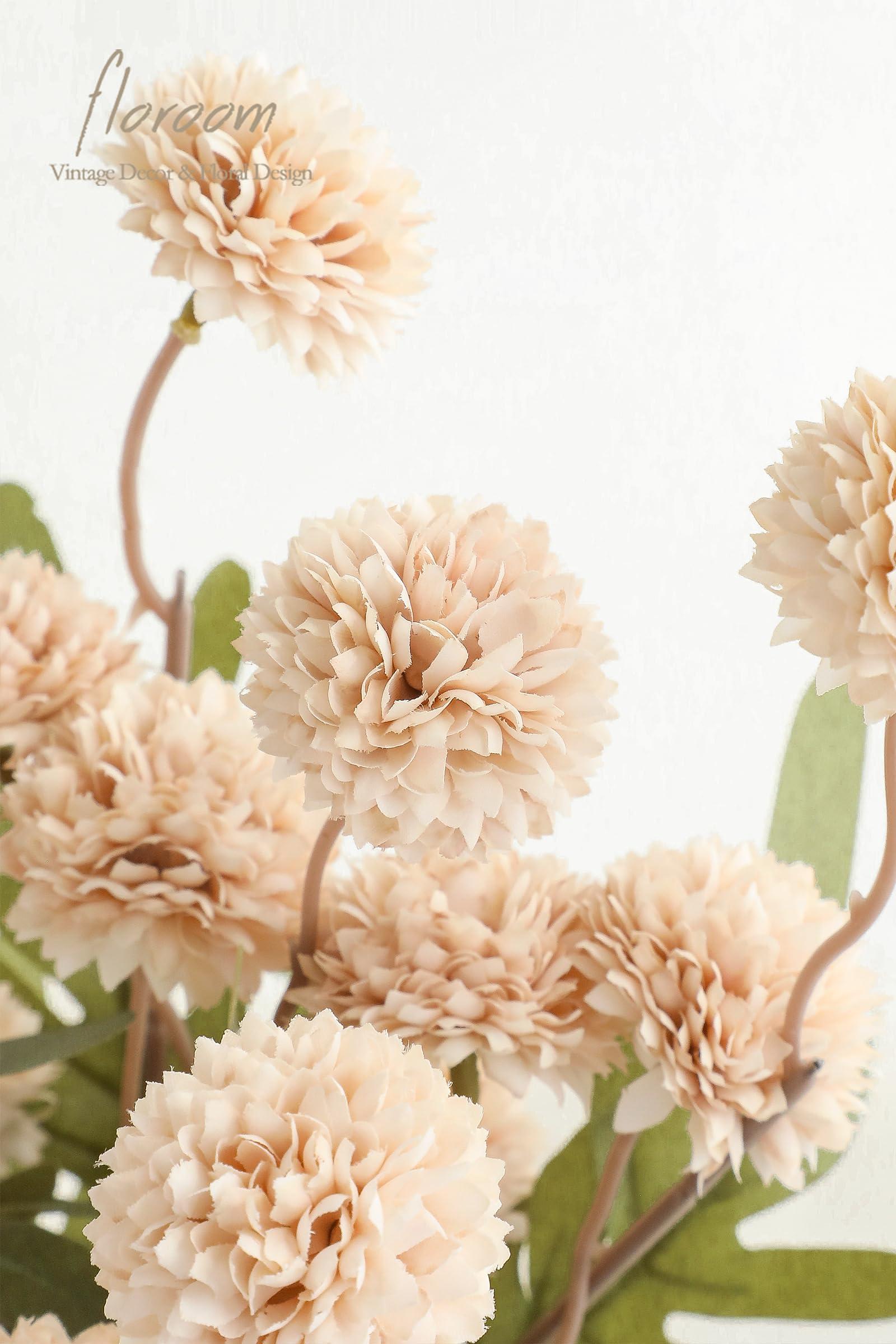 Floroom 5pcs Faux Silk Pompon Mum Artificial Flowers, Bulk Fake Mini Chrysanthemums with Stems for DIY Bouquet Centerpieces Wedding Fillers Champagne Arrangements Shower Decorations, Beige - Image 4