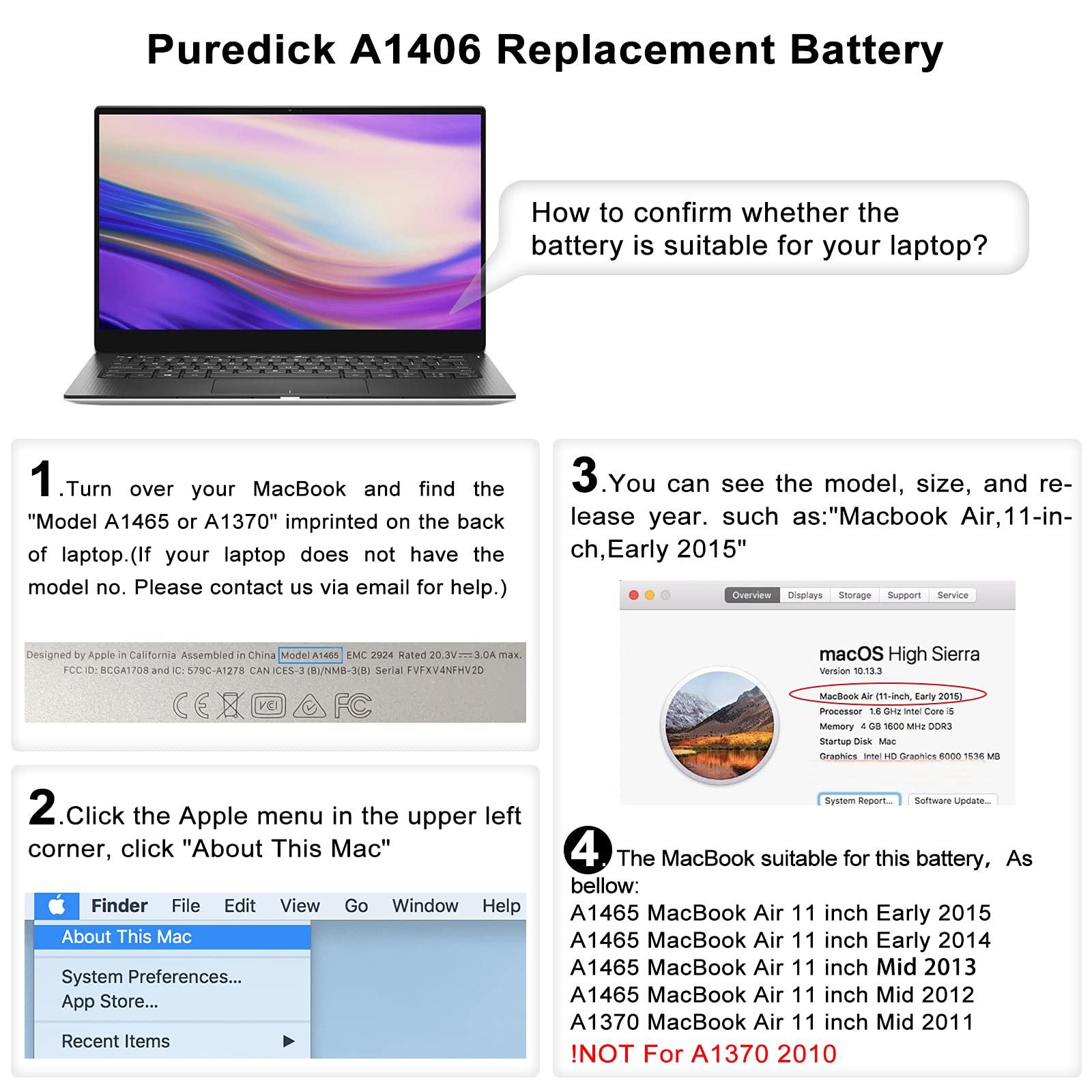 Puredick A1406 A1465 Battery, Replacement Battery for MacBook Air 11 inch (2012-2015 A1465) and (Mid 2011 A1370) - A1406 A1495 Battery for 11-inch MacBook Air [7.3V/35W/4790mAh] - Image 2