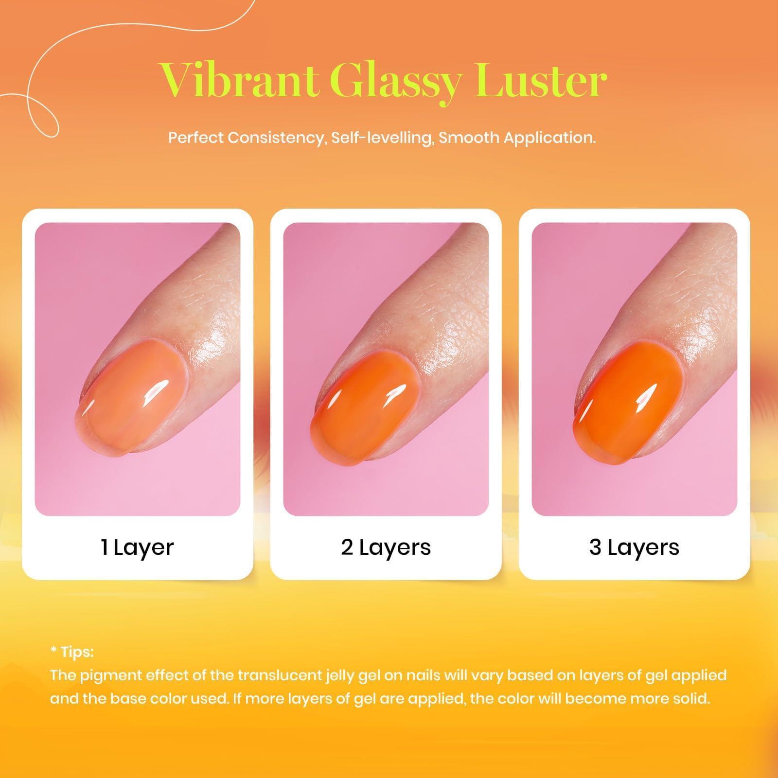 Beetles Jelly Gel Nail Polish Set - 6 Colors Summer Neon Gel Polish Kit Sheer Hot Pink Red Orange Purple Blue Yellow Translucent Effect Soak Off UV French Nail Art Manicure Gift for Women - Image 6