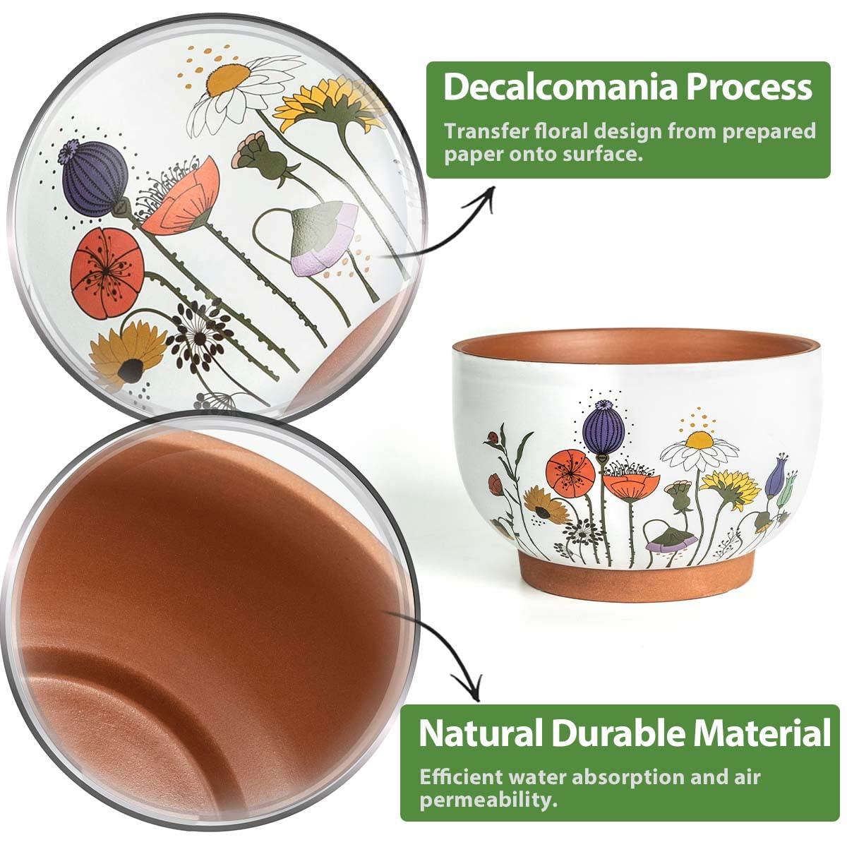 YBX 8 Inch & 6 Inch Terracotta Pots, Plant Pots Indoor, Flower Pots for Indoor Plants with Drainage, Planters with Floral Accent for Indoor Plants (French Country) - Image 5