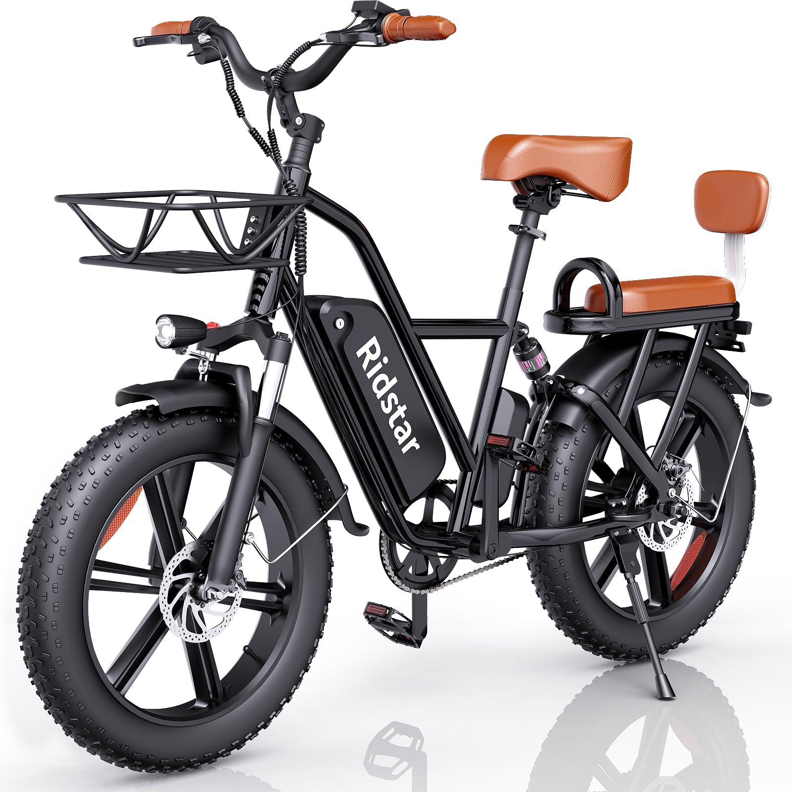 Ridstar 2 Seater Electric Bike for Adults,1500/1000W 30MPH 30-70Miles 48V 15AH Removable Battery Ebike 20" x 4.0 Fat Tire Beach Mountain Commuting Electric Bicycles W/Fork Suspension UL2849
