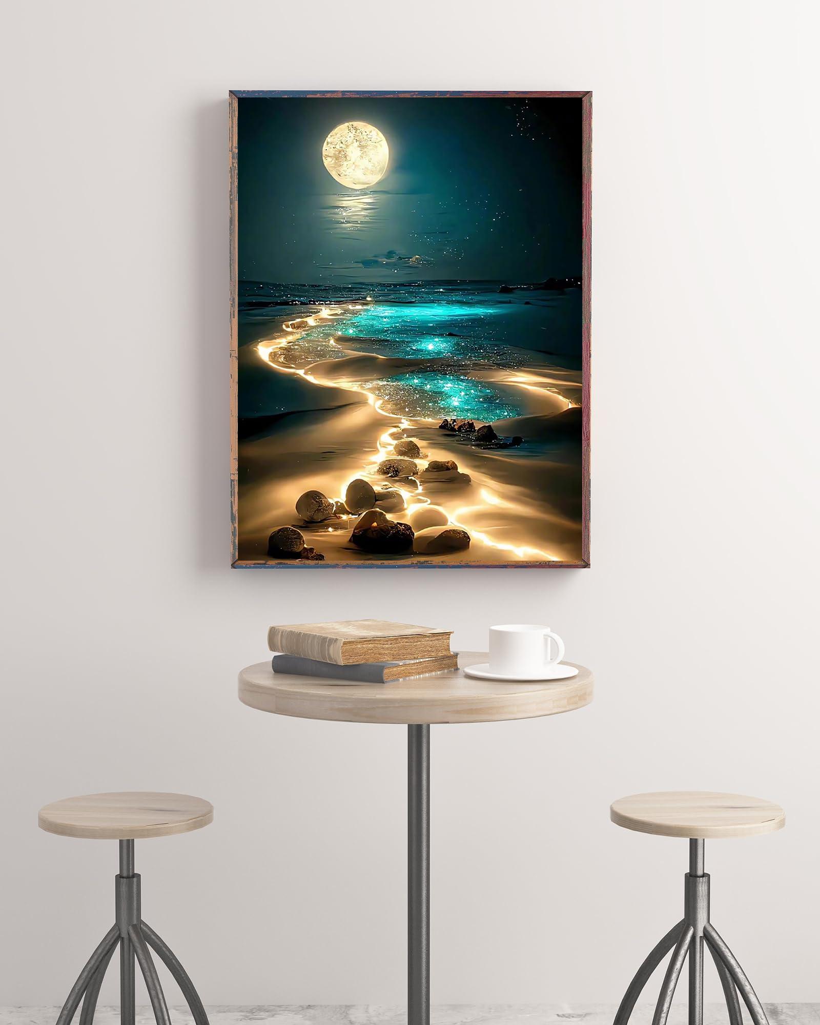 KINPLUB Moonlight Beach Diamond Painting Kits for Adults, 5D Seaside Moon Diamond Art Kits for Beginners, DIY Full Drill Paint with Diamond, Home Wall Decor 12 x 16 Inch - Image 2