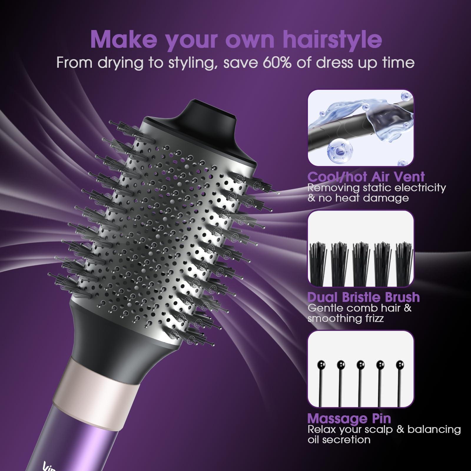 Vincofy 7 in 1 Hair Dryer Blow Dryer Brush Hot Hair Styler, Hair Straightener Brush, Negative Ion, Voluming, Suitable for All Types, 110,000 RPM, Purple, Fast Drying, Straightening, Curling - Image 7