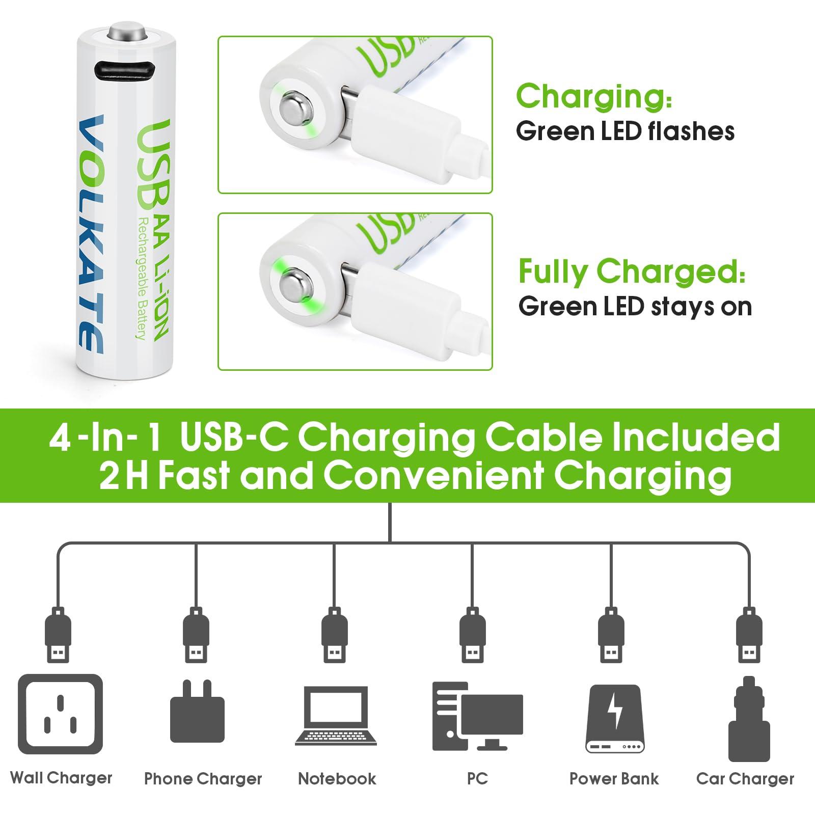 4000mWh Rechargeable Lithium AA Batteries 16 Pack, 1.5V USB Double A Size Li-ion Battery with Charging Cable, 2H Fast Charging, 1200 Cycles, for Blink Doorbell Camera, Toy, Game, Flashlight - Image 4