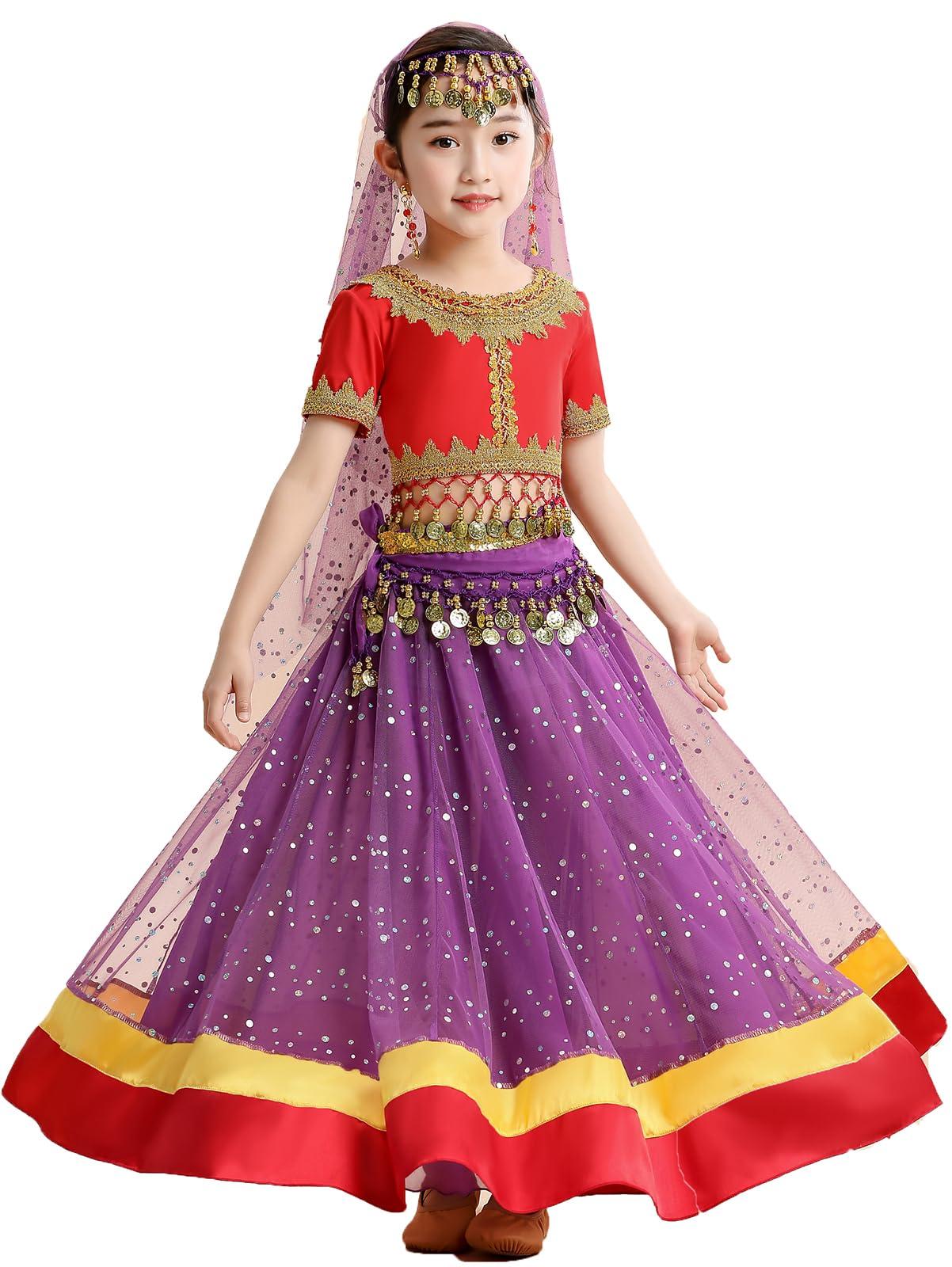 ORIDOOR Belly Dance Dress Girls Indian Bollywood Halloween Costume Chiffon Skirts Shiny Belly Dance Suits 4-Piece Outfit