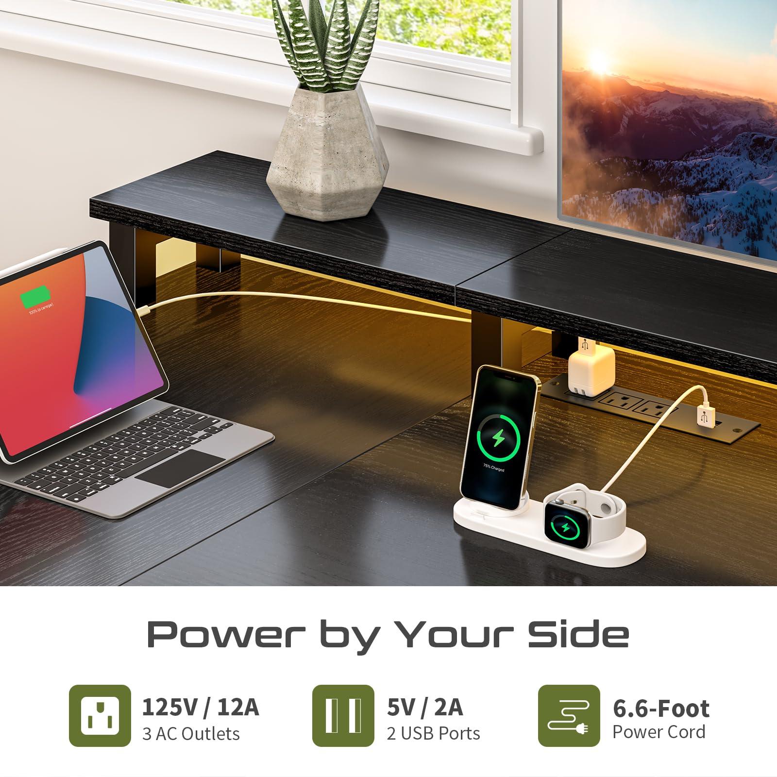 Yoobure L Shaped Desk with Drawers, Gaming Desk with LED Lights & Outlets, 75" Reversible Computer Desk with Storage File Cabinet & Printer Stand, Corner Desk Office Desk with Dual Monitor Stand Black - Image 7
