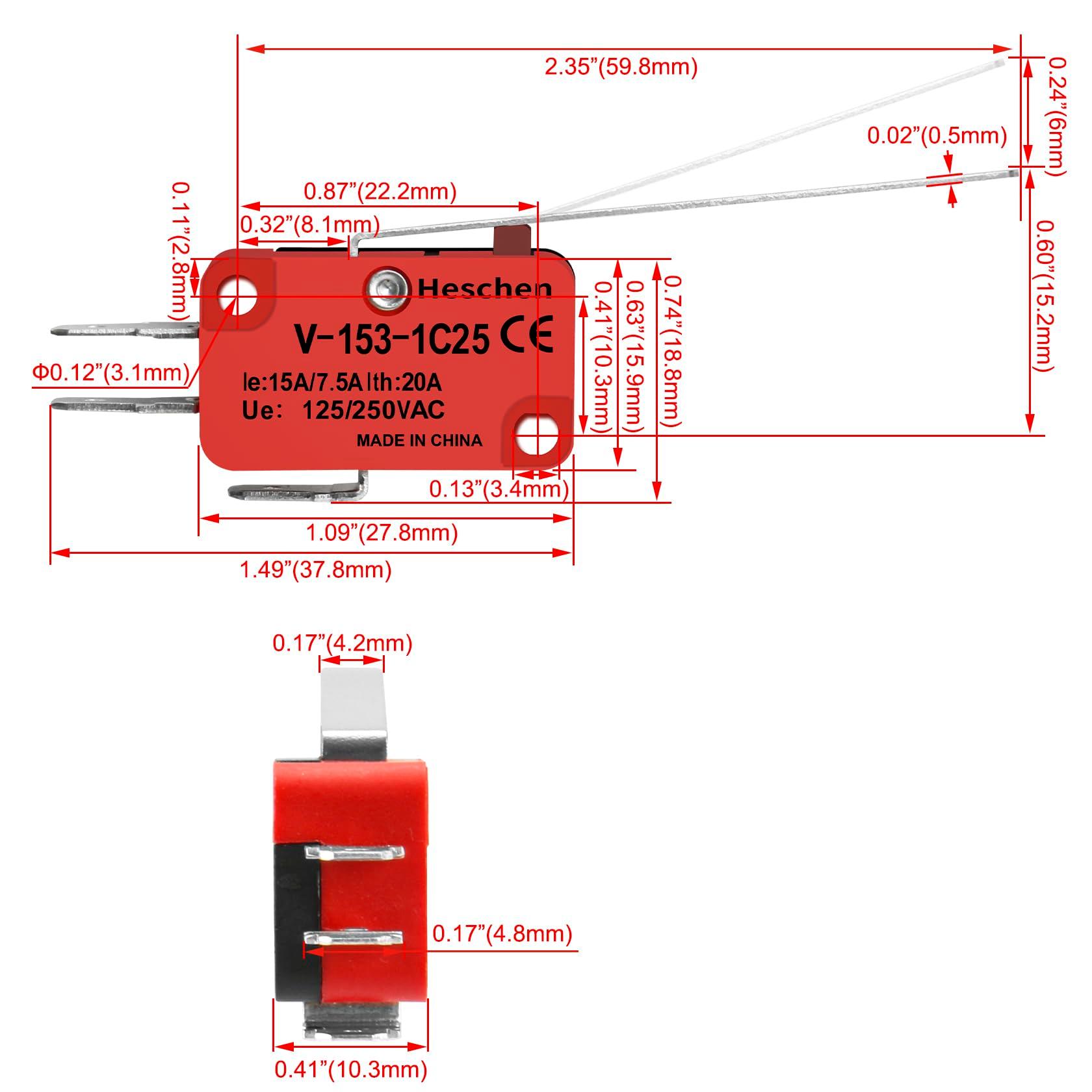 Heschen Micro Switch, V-153-1C25, SPDT, Long Hinge Lever, 20A 250VAC, 2 Pack - Image 2