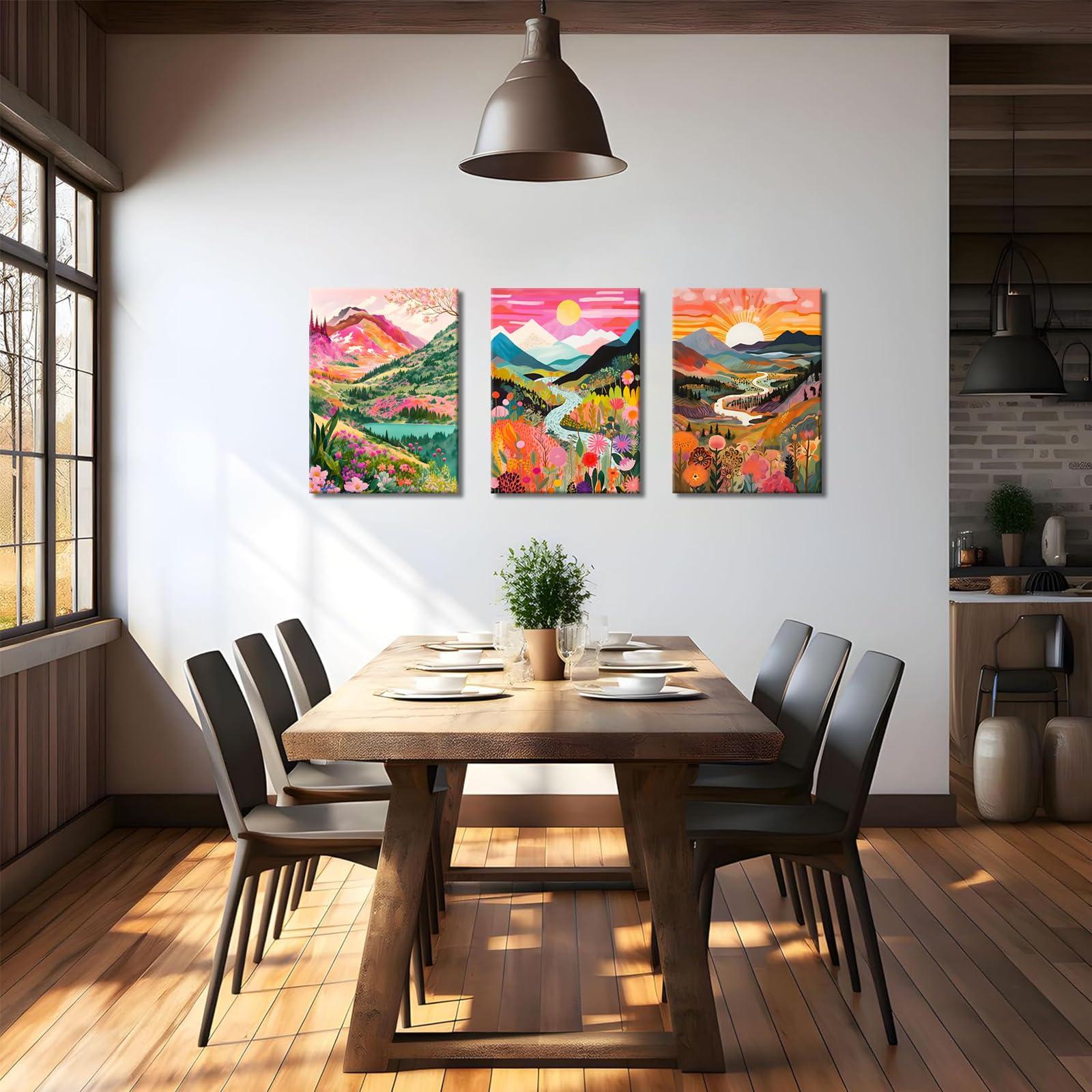 3Pcs Colorful Watercolor Mountain Canvas Wall Art Boho Floral Painting Picture Wall Decor Abstract Nature Landscape Poster Print Artwork for Living Room Bedroom Bathroom Office Home Decoration - Image 4