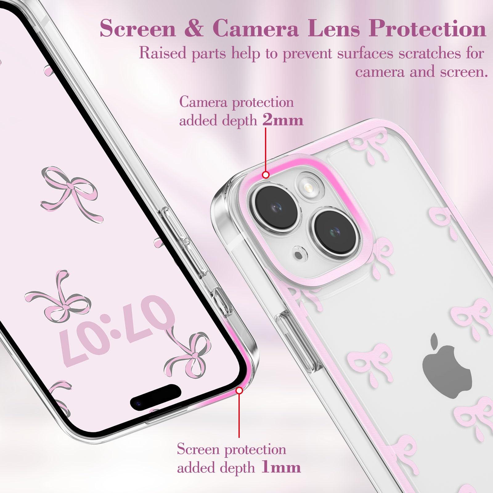 EYZUTAK Case for iPhone 13, Clear Cute Ribbon Bowknot Pattern Aesthetic Transparent Phone Case Raised Camera Protection Stylish Slim Soft Durable TPU Protective Cover for Women Girls - Pink - Image 2