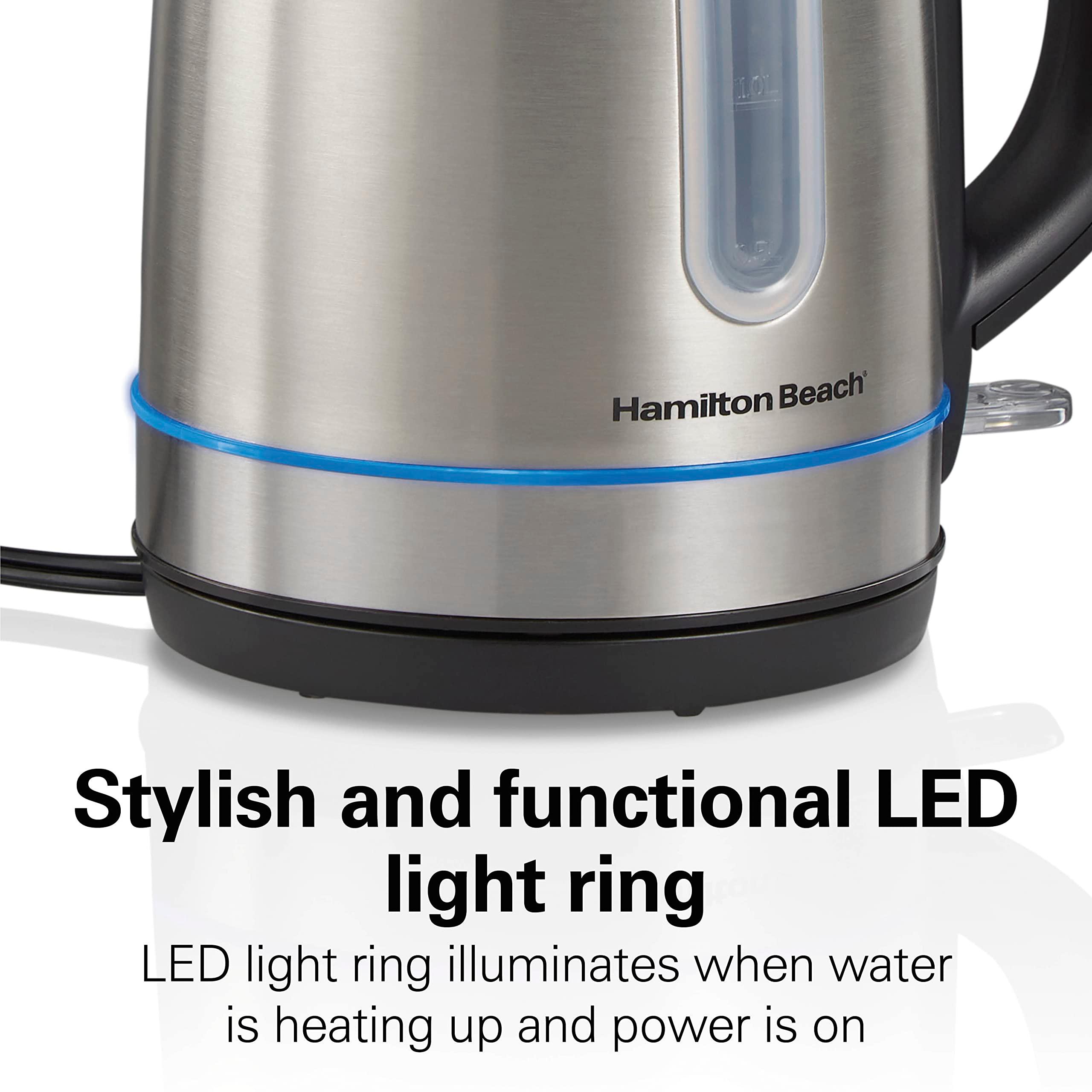 Hamilton Beach Electric Tea Kettle, Water Boiler & Heater, 1.7 Liter, Cordless Serving, 1500 Watts for Fast Boiling, Auto-Shutoff and Boil-Dry Protection, Stainless Steel with LED Light Ring (41037) - Image 4