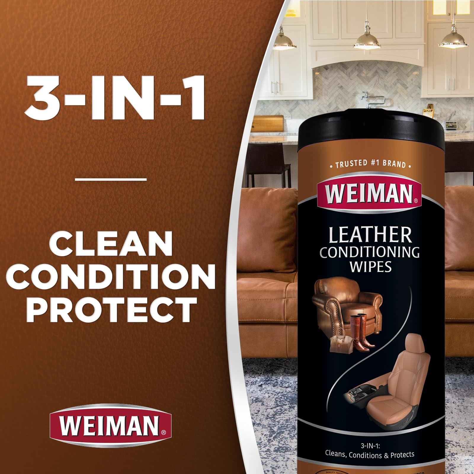 Weiman Leather Cleaner Wipes - Clean Condition UV Protection Help Prevent Cracking or Fading of Furniture, Car Interior, Couch, and Shoes, 2 Pack with Microfiber Cloth - Image 3