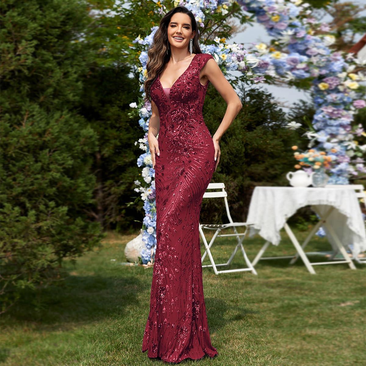 Womens Sequined Long Evening Gown Glamous Sleeveless V-Neck Mermaid Prom Dress for Wedding Party Club Occasions - Image 4