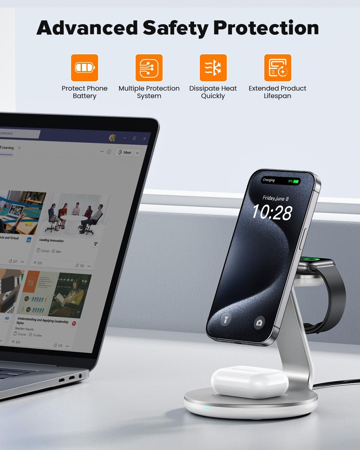 HERRBOL 3 in 1 Charging Station Compatible with Magsafe Charger Wireless Charger Stand for iPhone 16 15 14 13 12 Series Wireless Charging Station for AirPods Wireless Charging Stand for iWatch Series - Image 7
