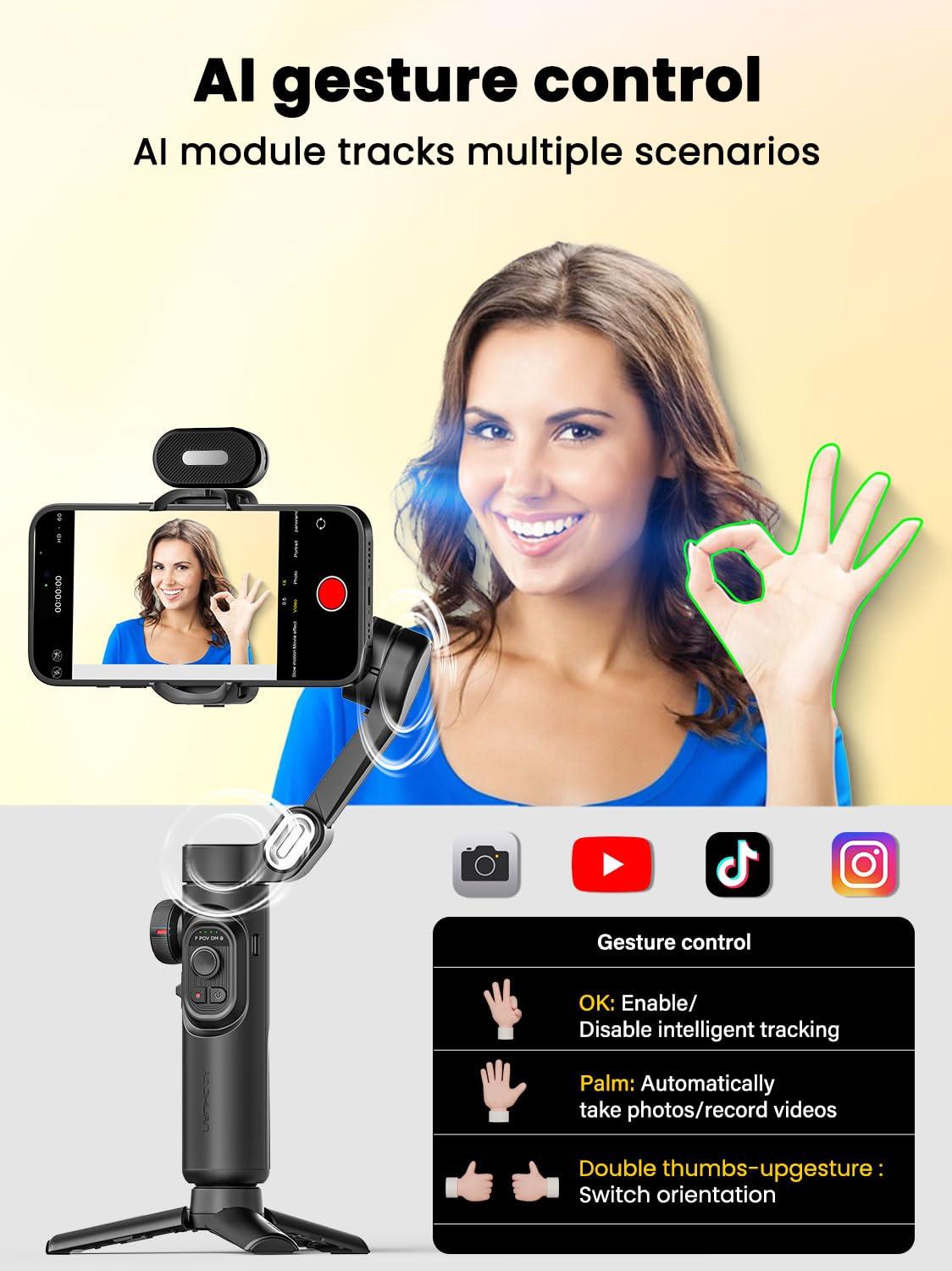 AOCHUAN XE AI Version,Gimbal Stabilizer for Smartphone,NO APP AI Tracking, Gesture Control,360°Inception Gimbal with TikTok YouTube,3-Axis Foldable Handheld Tripod for iPhone& Android,Black - Image 3