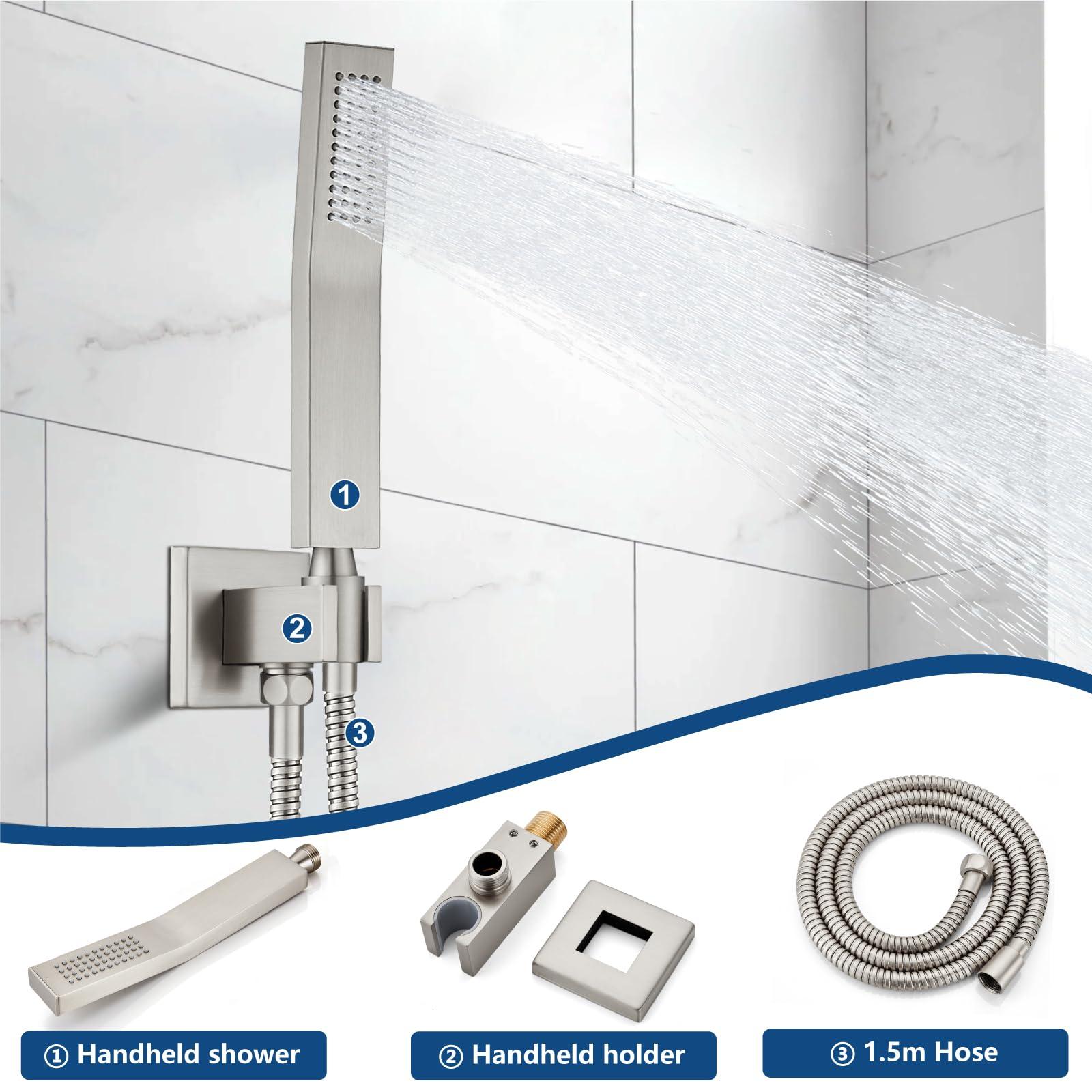 Midanya Rain Shower System Tub Shower Faucet Set Square Rainfall Shower Head with Handheld Sprayer and Waterfall Tub Spout Rough-in Valve Shower Mixer Combo,8 Inch Brushed Nickel - Image 4