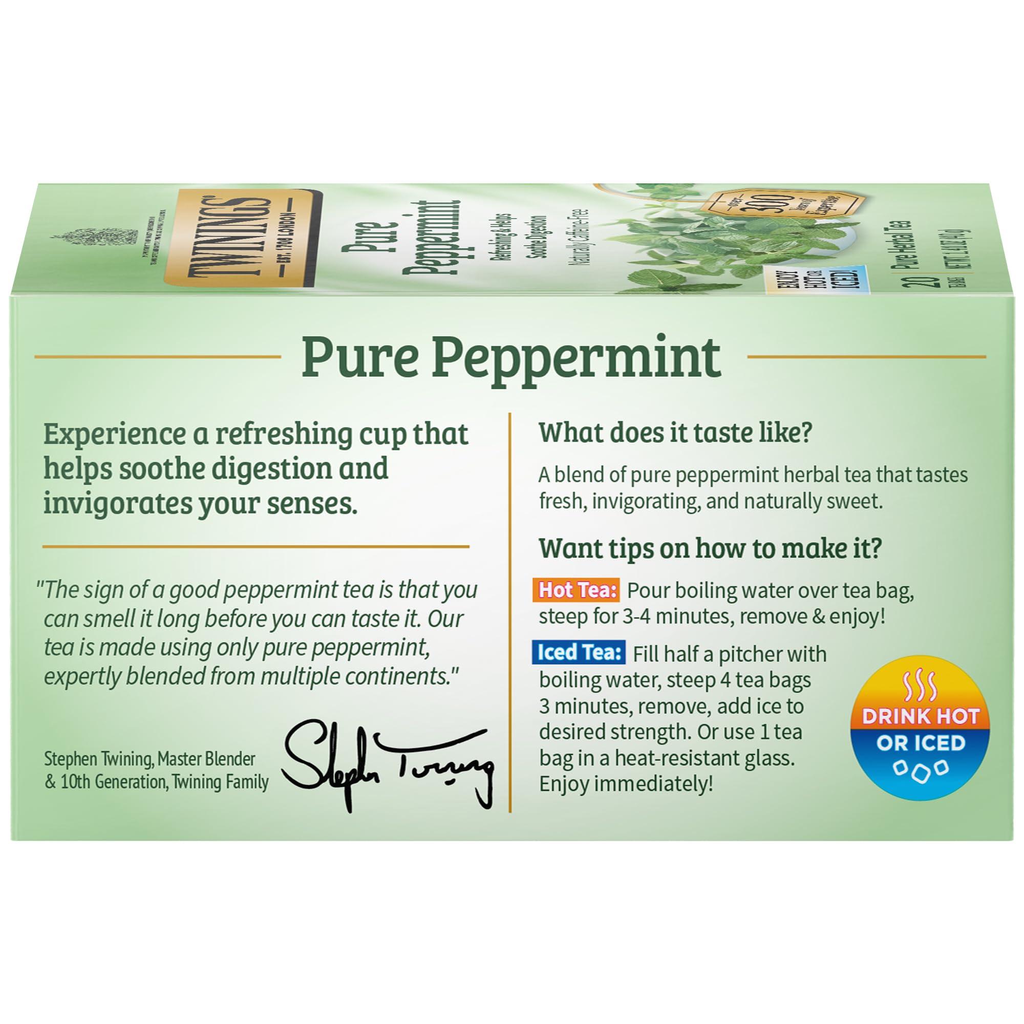 Twinings Pure Peppermint Herbal Tea Individually Wrapped Bags, 20 Count (Pack of 1), Fresh Minty Flavour, Naturally Caffeine-Free, Enjoy Hot or Iced | Packaging May Vary - Image 6