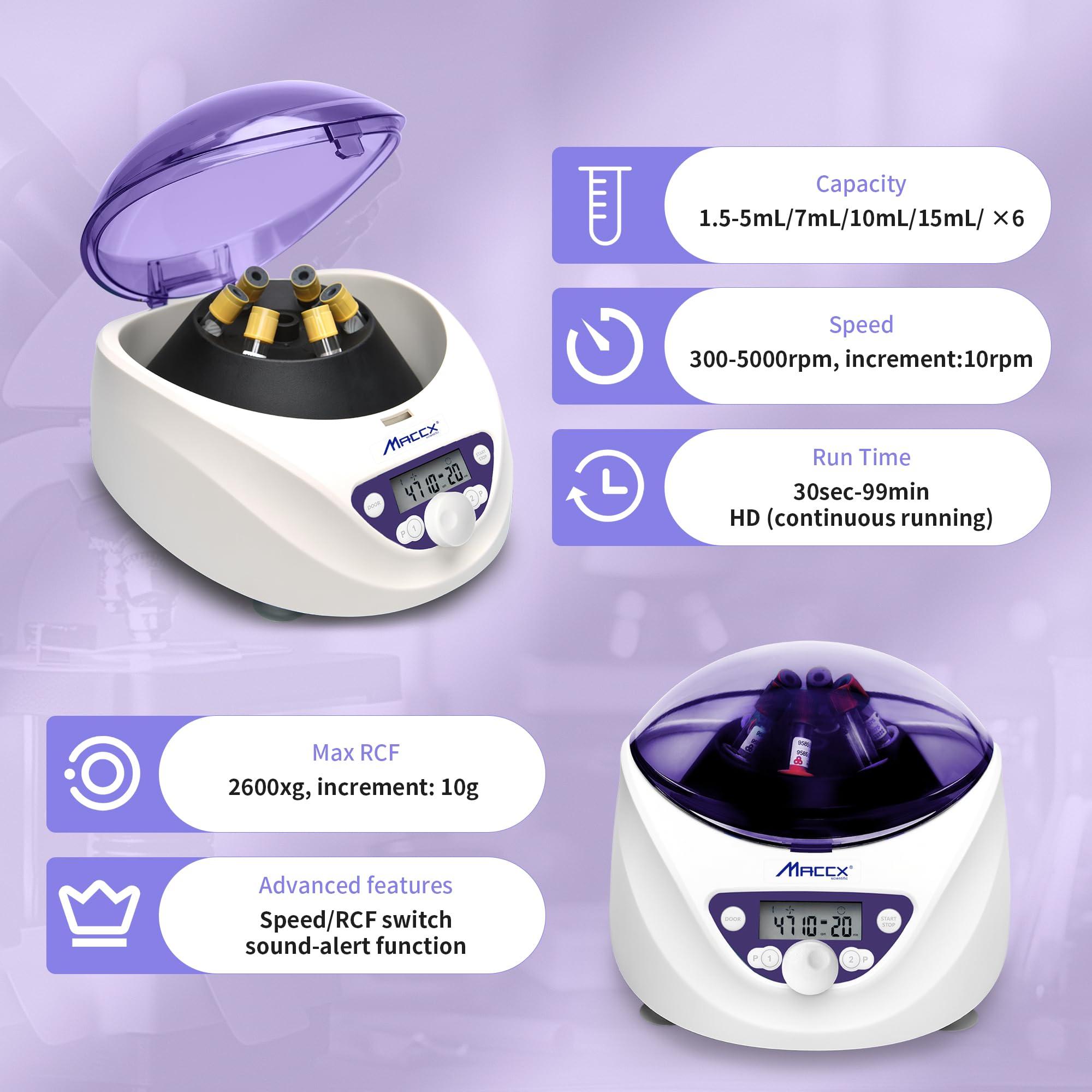 Maccx Lab PRP Benchtop Centrifuge Machine, Speed Range from 300-5000RPM, Rotor for 1.5-5mL/7mL/10mL/15mL/ x6 Tubes, Max. RCF 2600xg Low Speed PRF Benchtop Centrifuge, CEN-001 - Image 3