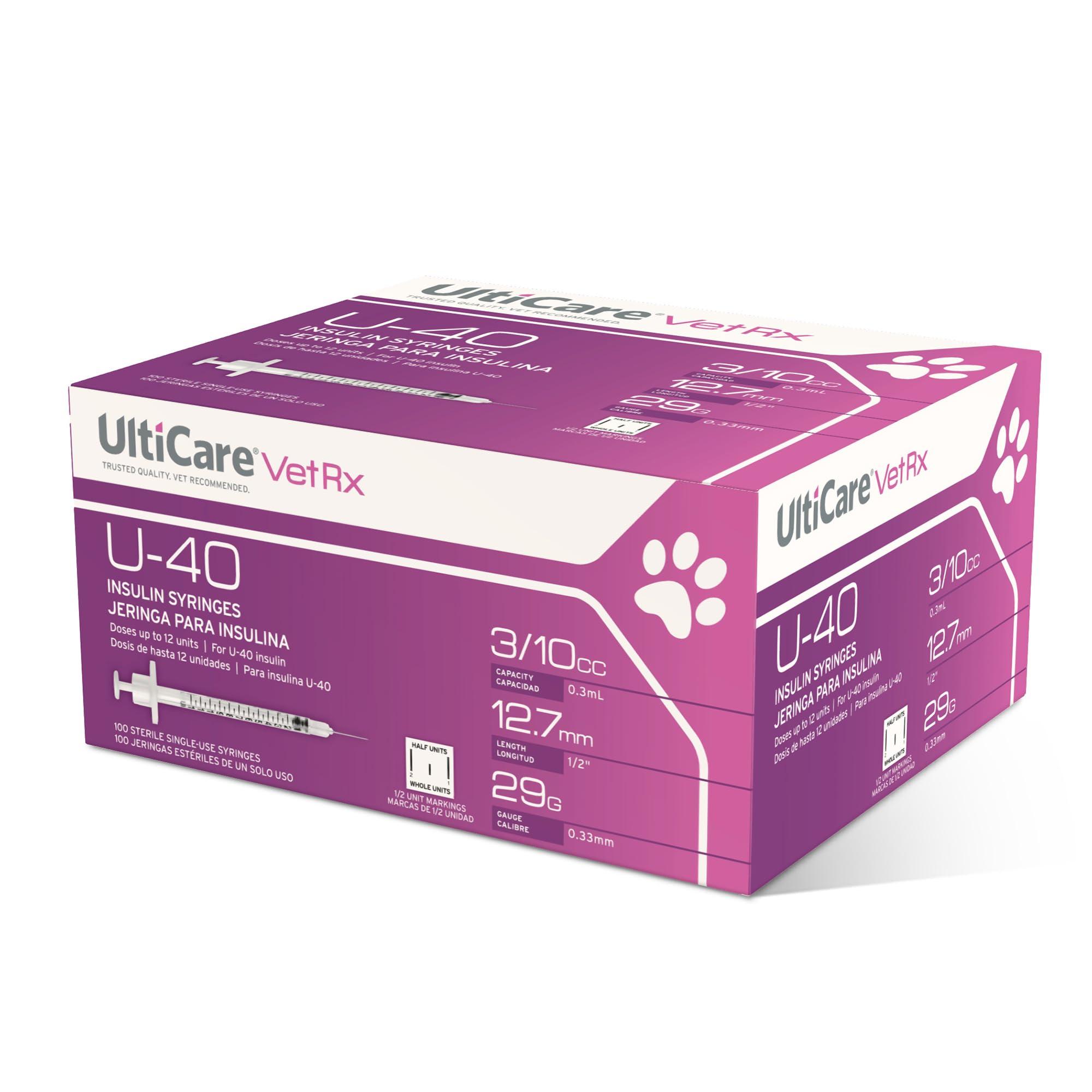 UltiCare VetRx U-40 3/10cc Pet Insulin Syringes - 3/10cc, 29G x 1/2’’, HALF UNIT Markings, 100 ct, Comfortable and Accurate Dosing, Compatible with Any U-40 Strength Insulin